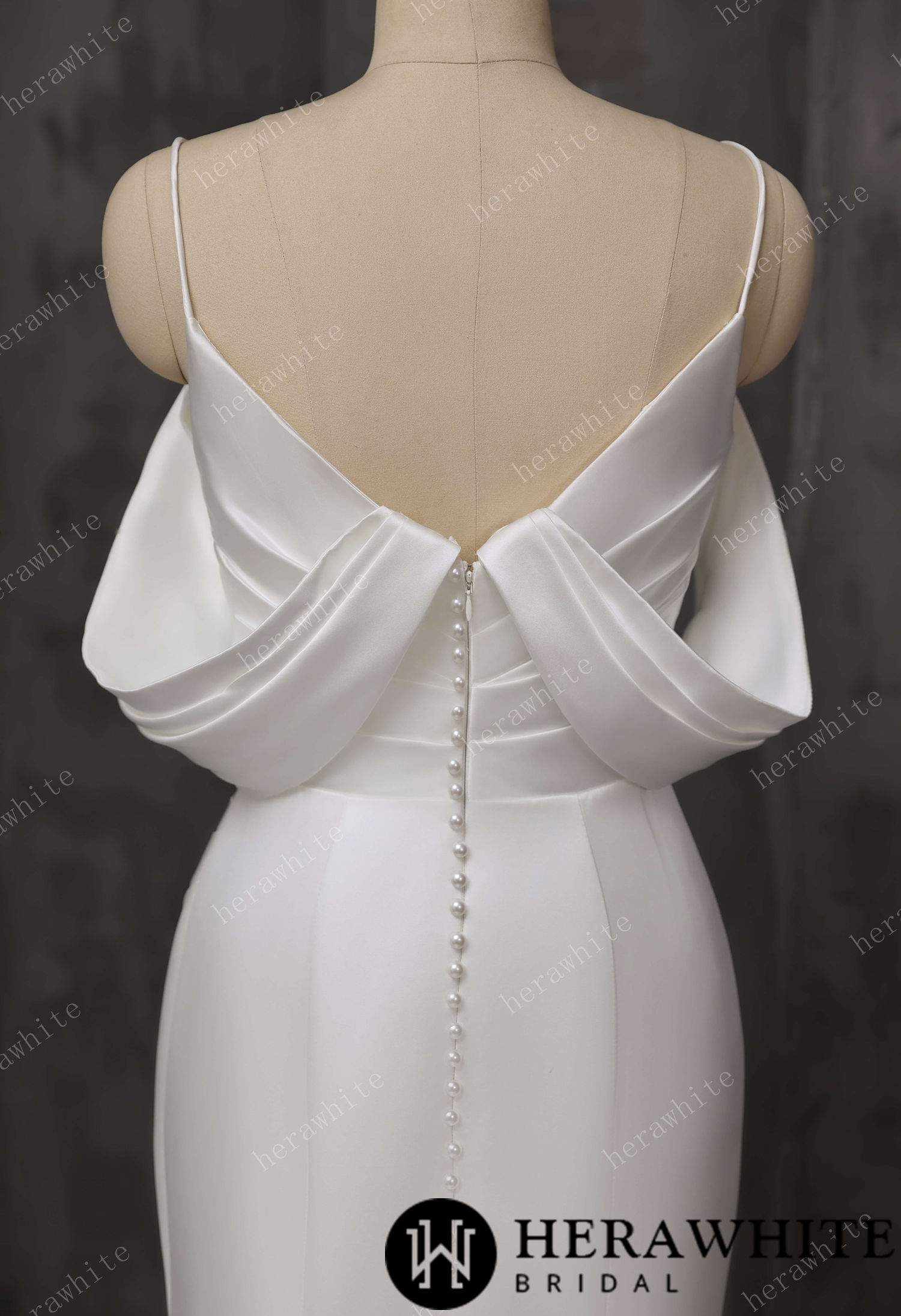 Draped Satin Fit-and-Flare Wedding Gown With Detachable Off-Shoulder Cape Sleeves & Beaded Neckline