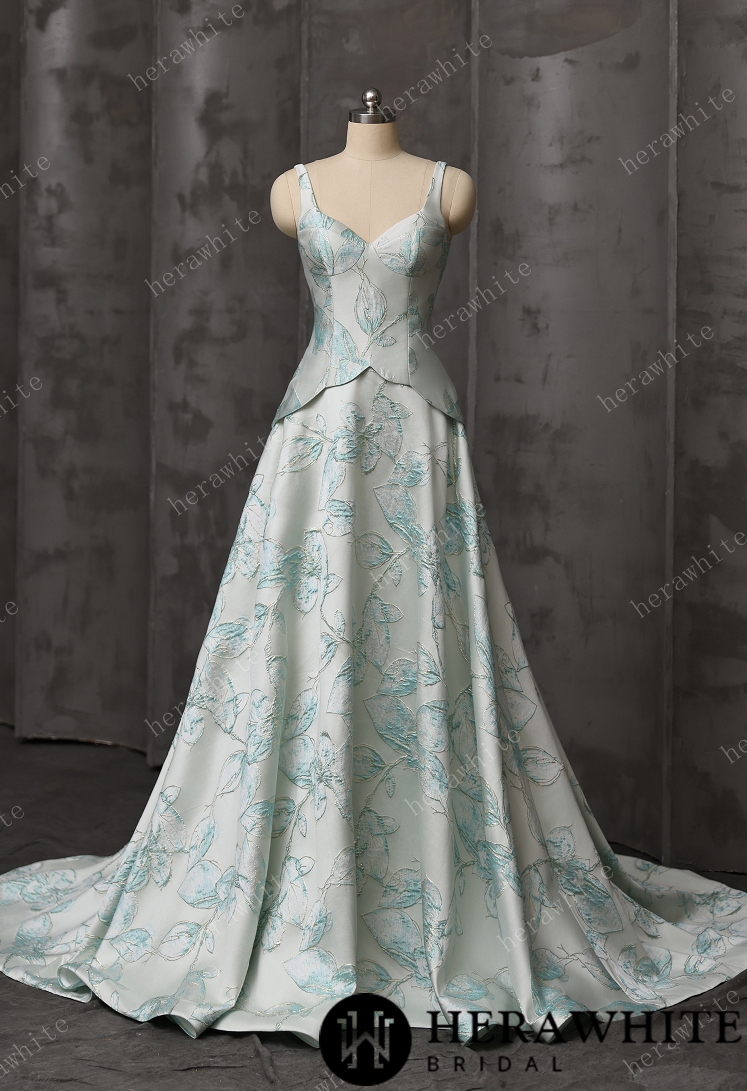 Mint Floral Jacquard A-Line Wedding Gown With V-Neckline & Peplum Waist Detail