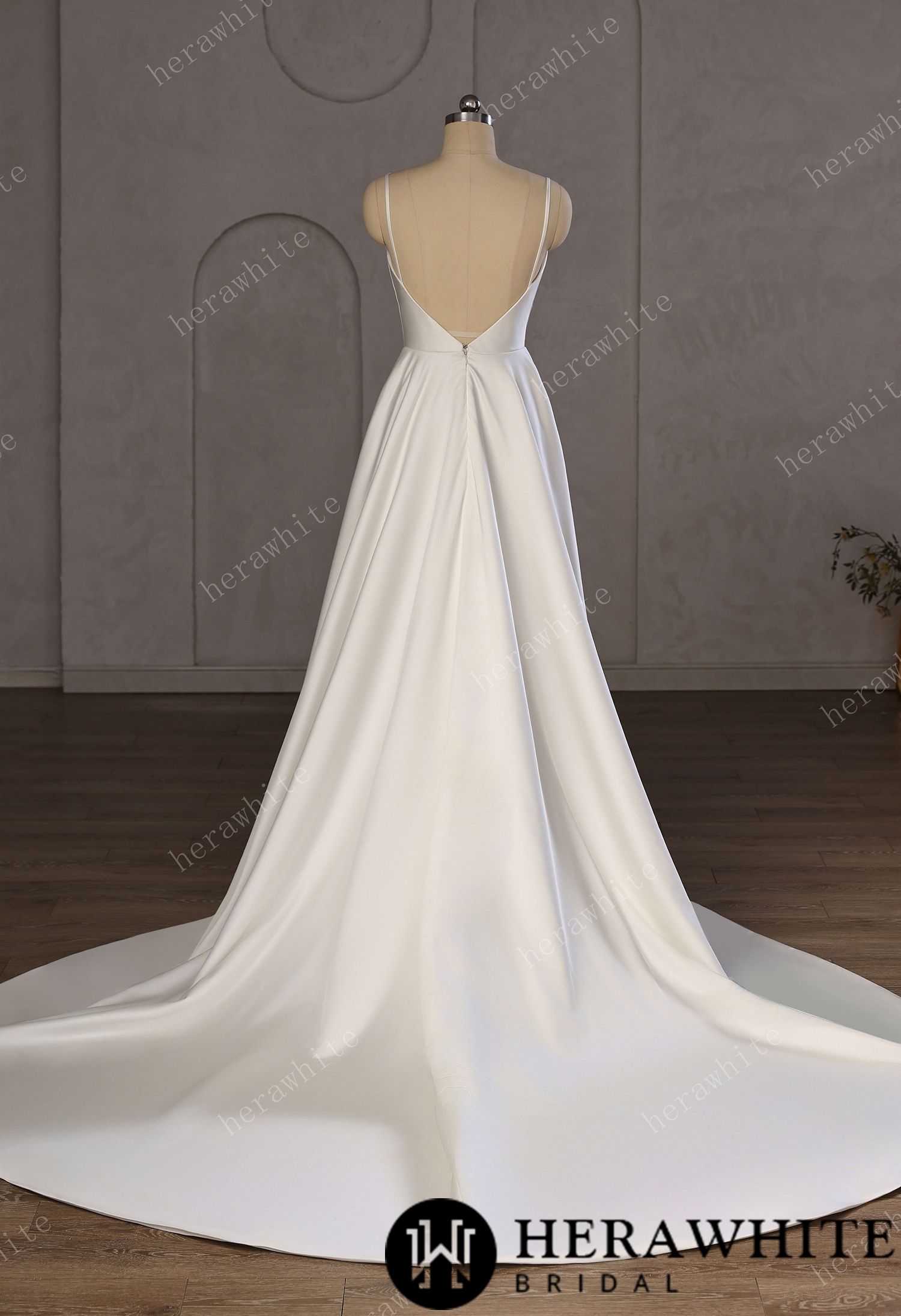 Minimalist Satin A-Line Wedding Gown With Oversized Back Bow & Spaghetti Straps