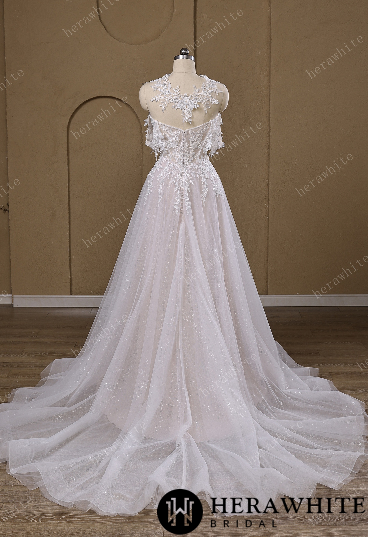 Lace A-Line Wedding Gown With Detachable Off-Shoulder Sleeves & Glitter Tulle Skirt
