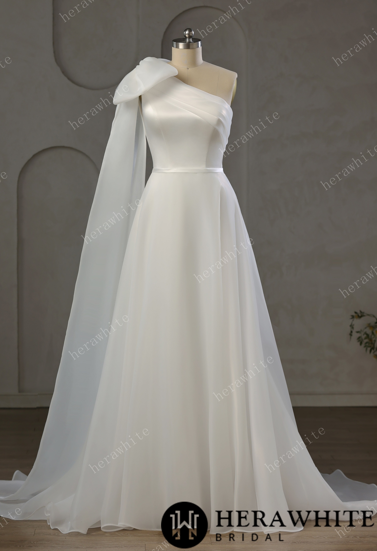 One-Shoulder Wrapped Satin Bodice Tulle A-line Wedding Gown With Shoulder Bow