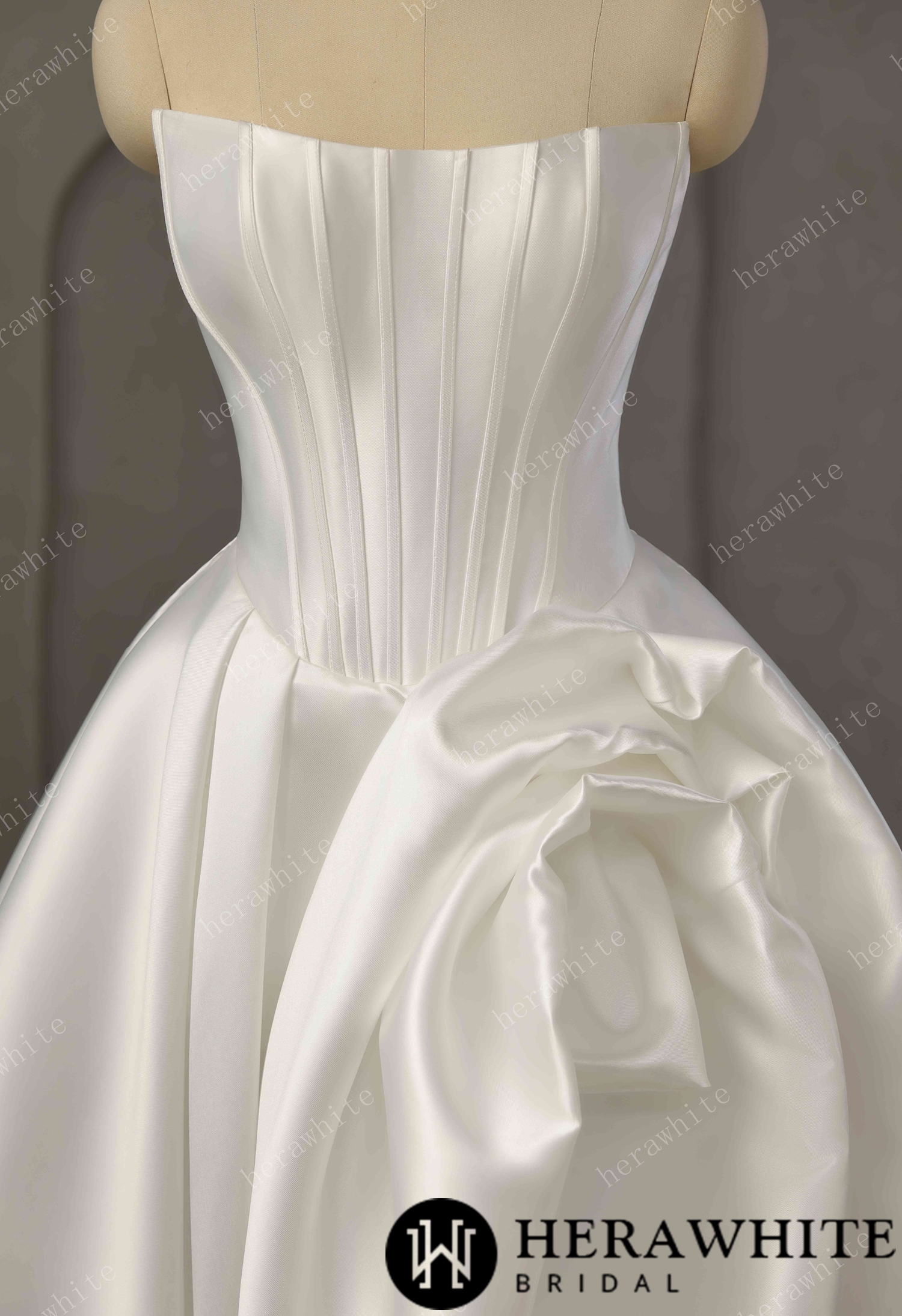 Pleated Satin Ball Gown With Dramatic Side Draped Ruffle Detail