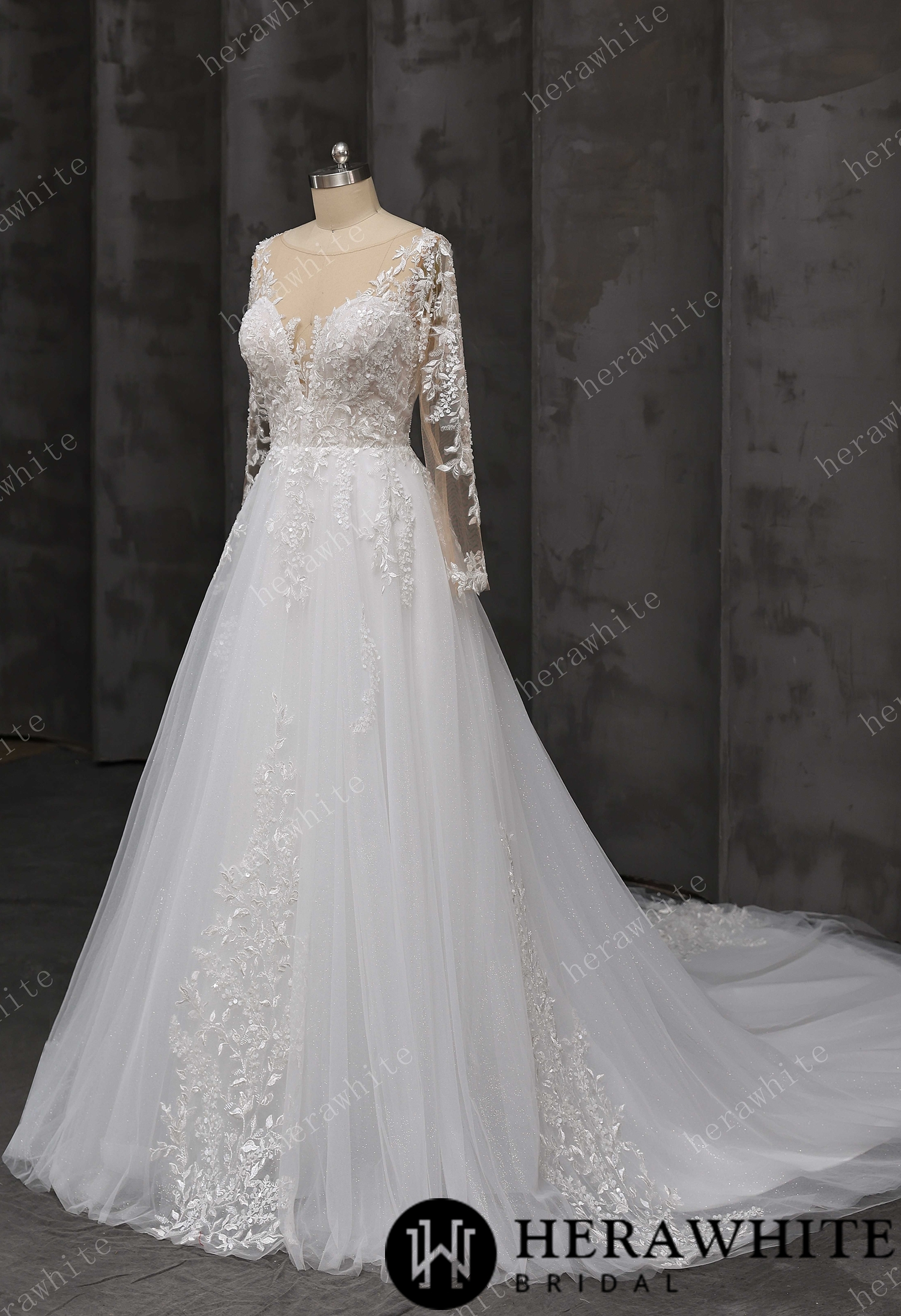 V-Neck Lace A-Line Wedding Gown With Illusion Long Sleeves