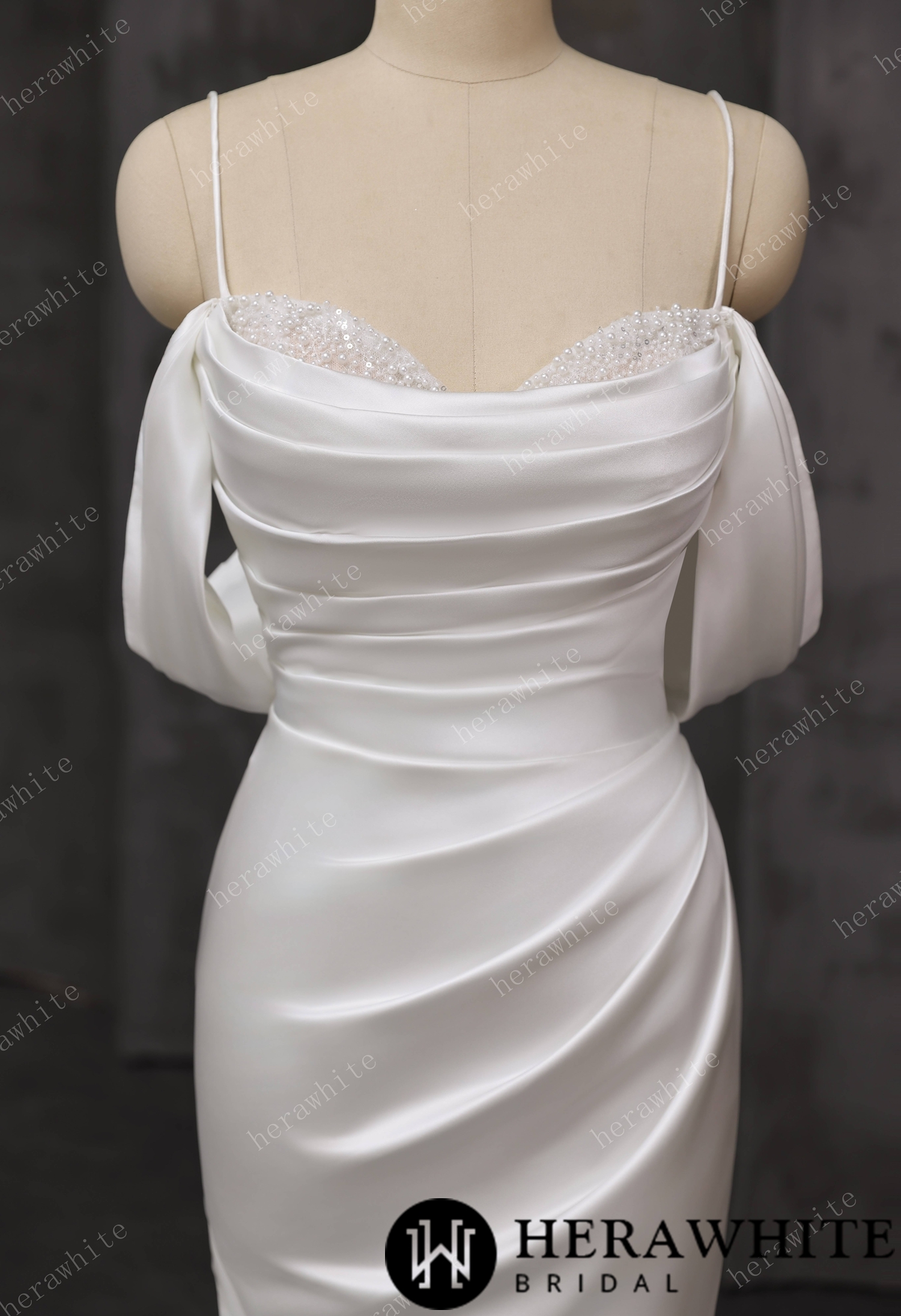 Draped Satin Fit-and-Flare Wedding Gown With Detachable Off-Shoulder Cape Sleeves & Beaded Neckline