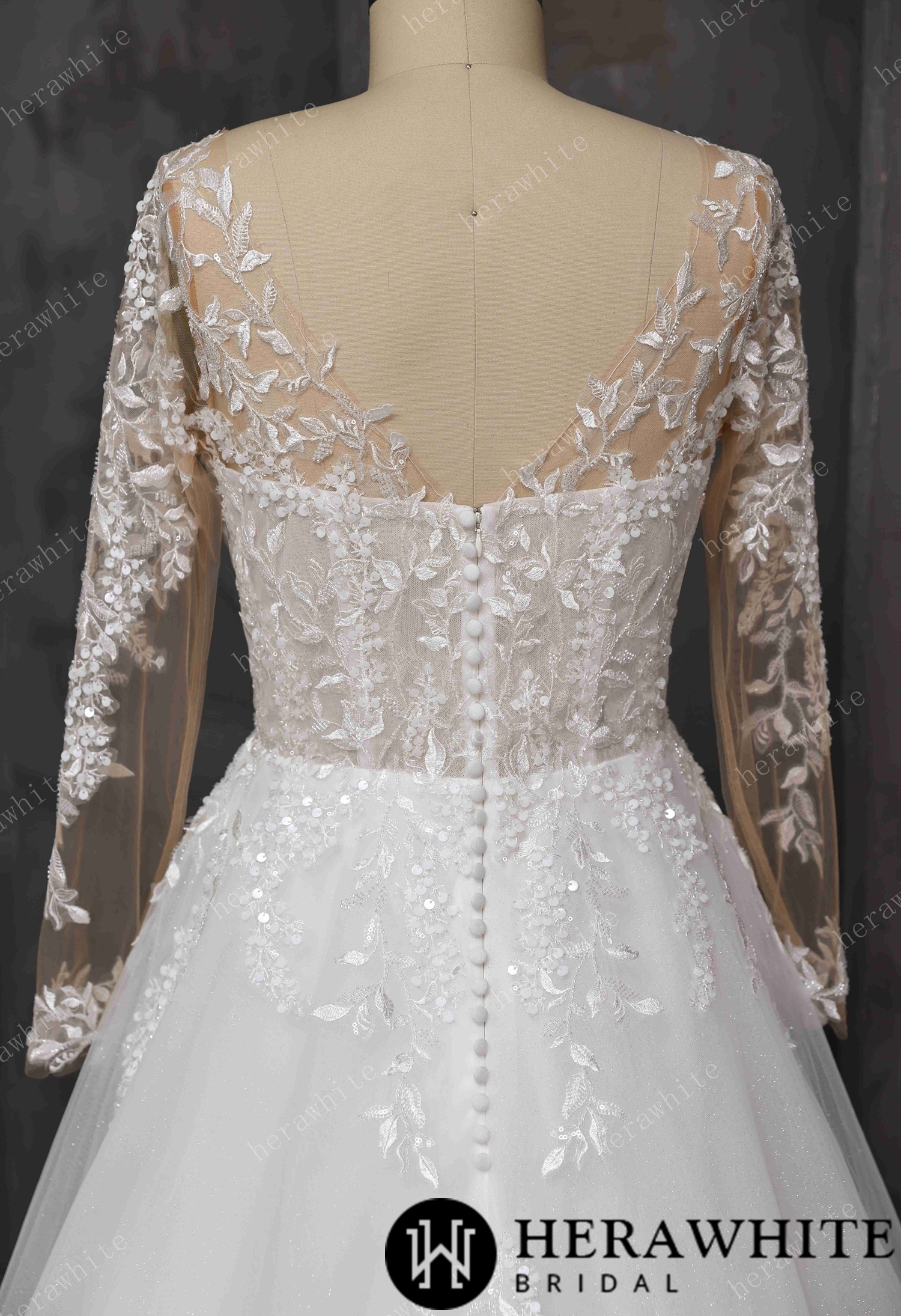 V-Neck Lace A-Line Wedding Gown With Illusion Long Sleeves