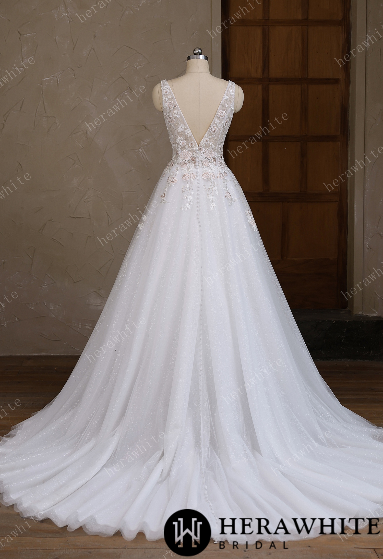 Colourful Lace Ball Gown With Plunging V-Neckline & Straps