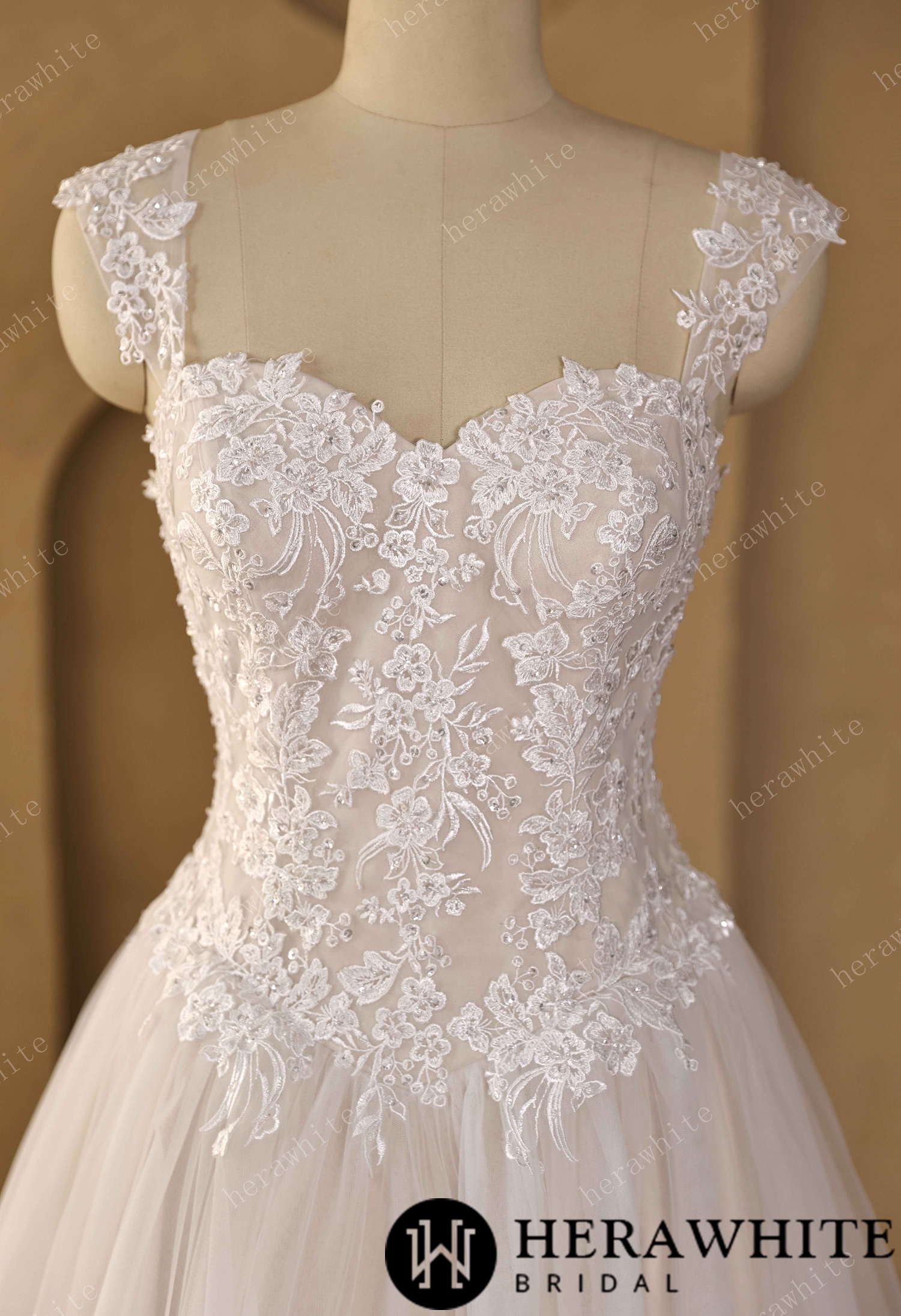 Sweetheart Floral Lace Ball Gown With Illusion Straps & Corset Back