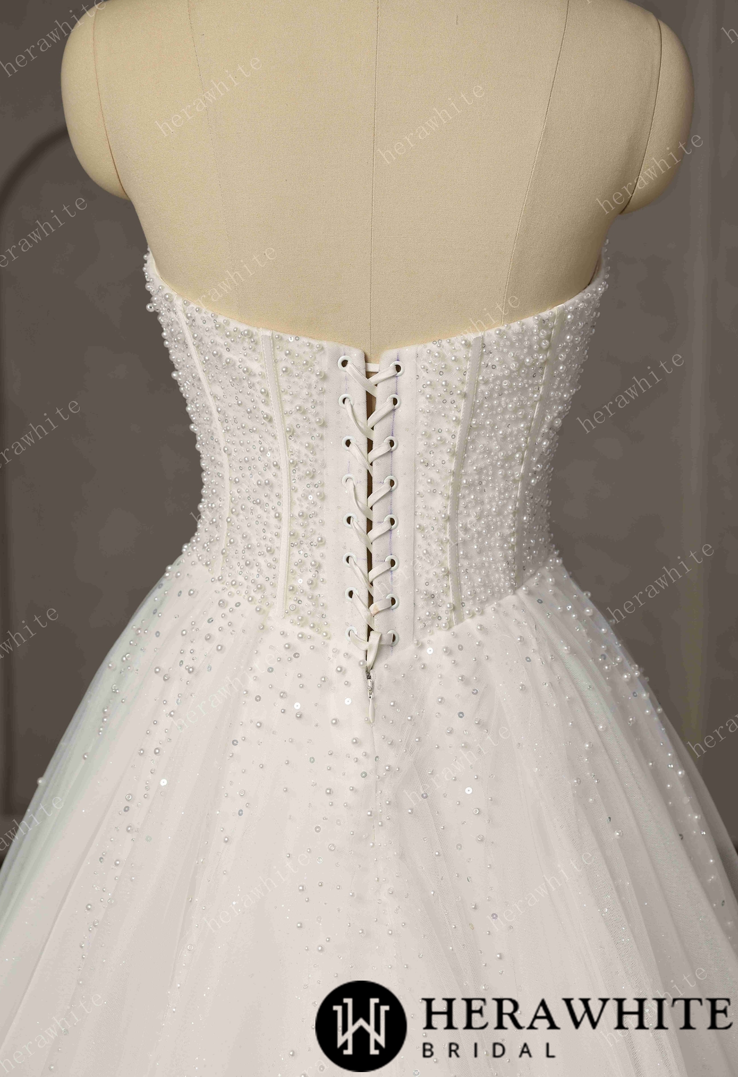 Pearl-Beaded Ball Gown With Sweetheart Neckline & Corset Lace-Up Back