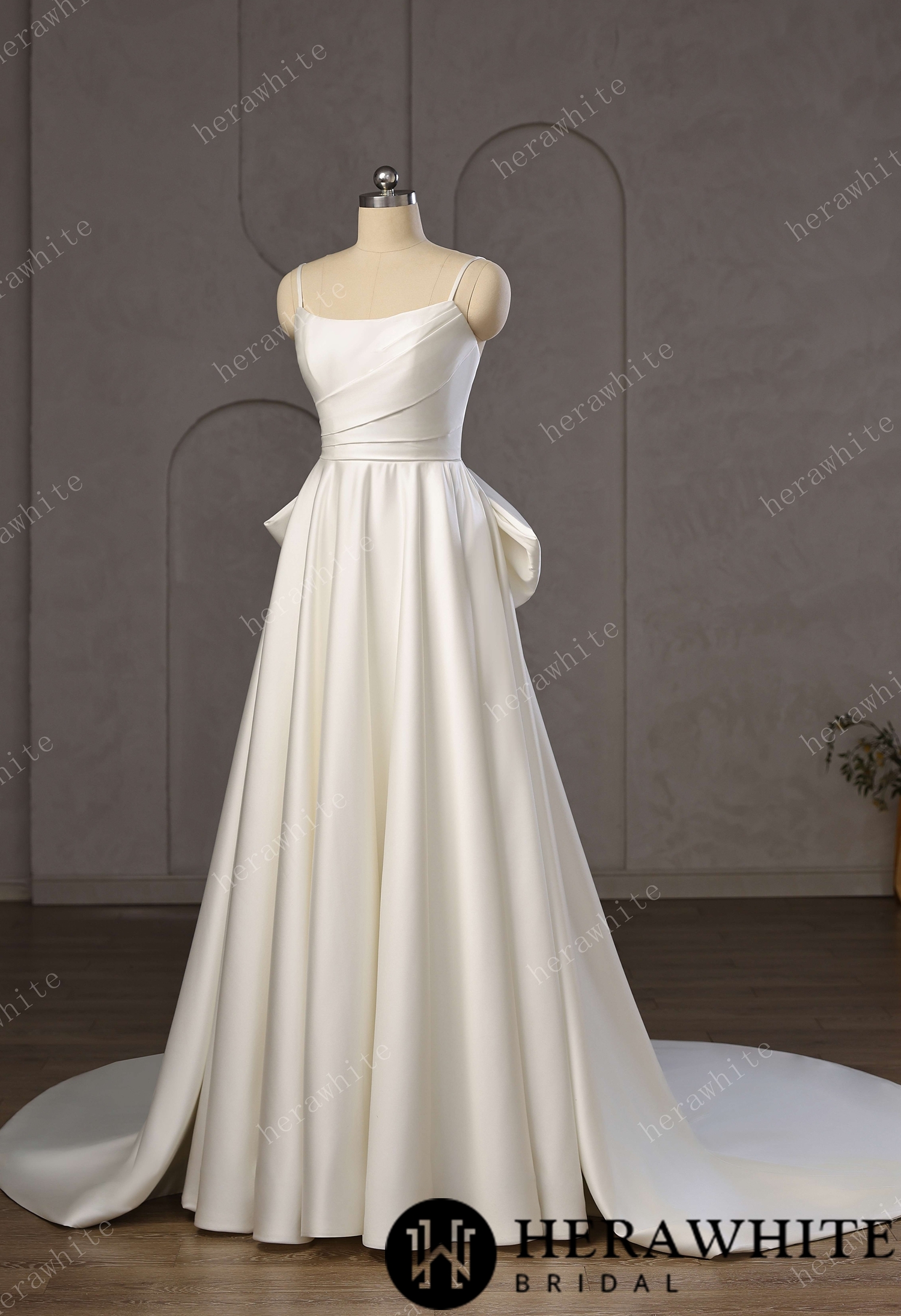 Minimalist Satin A-Line Wedding Gown With Oversized Back Bow & Spaghetti Straps