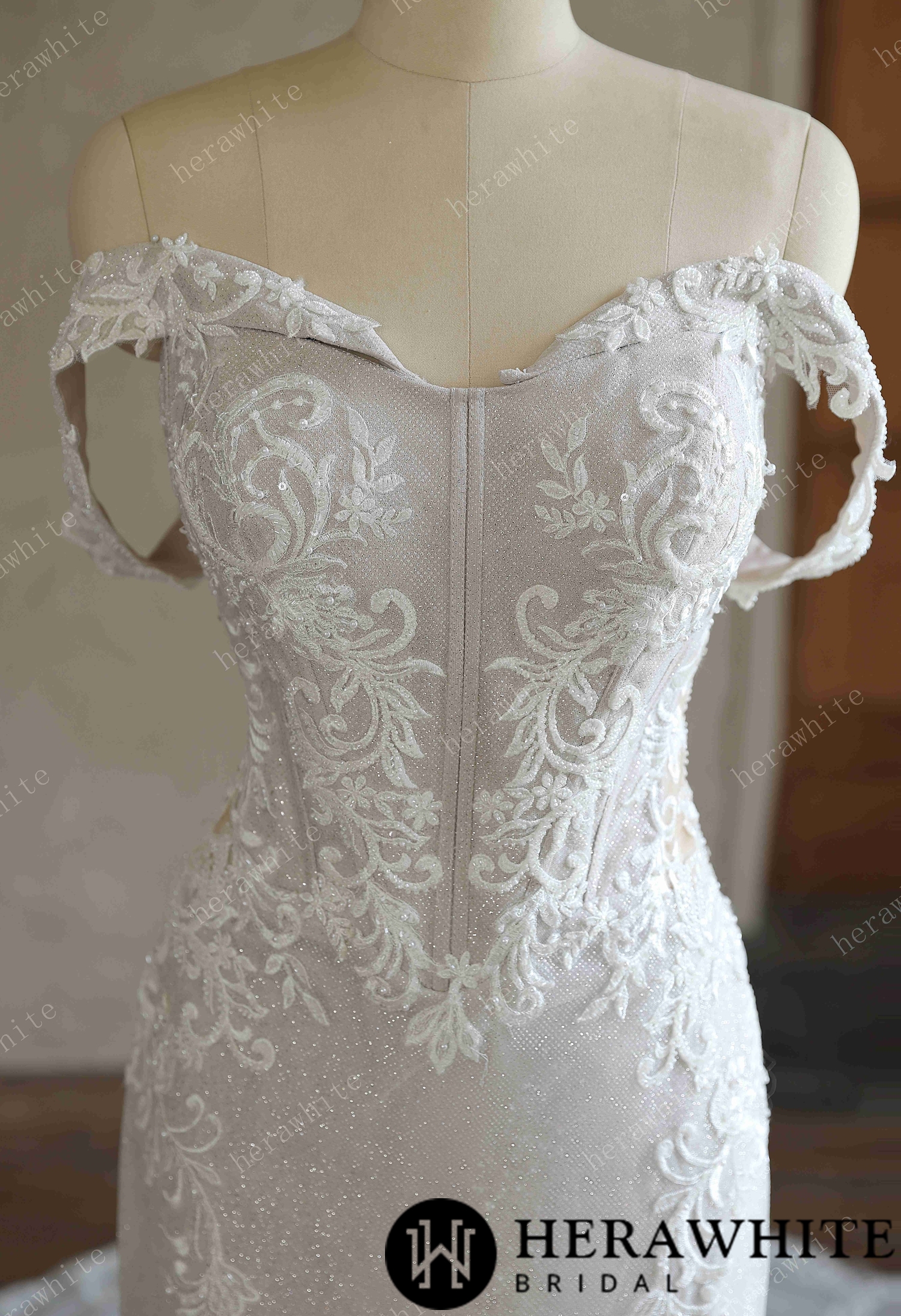 Off-the-Shoulder Sequin Lace Fit-and-Flare Wedding Gown With Lotus Train