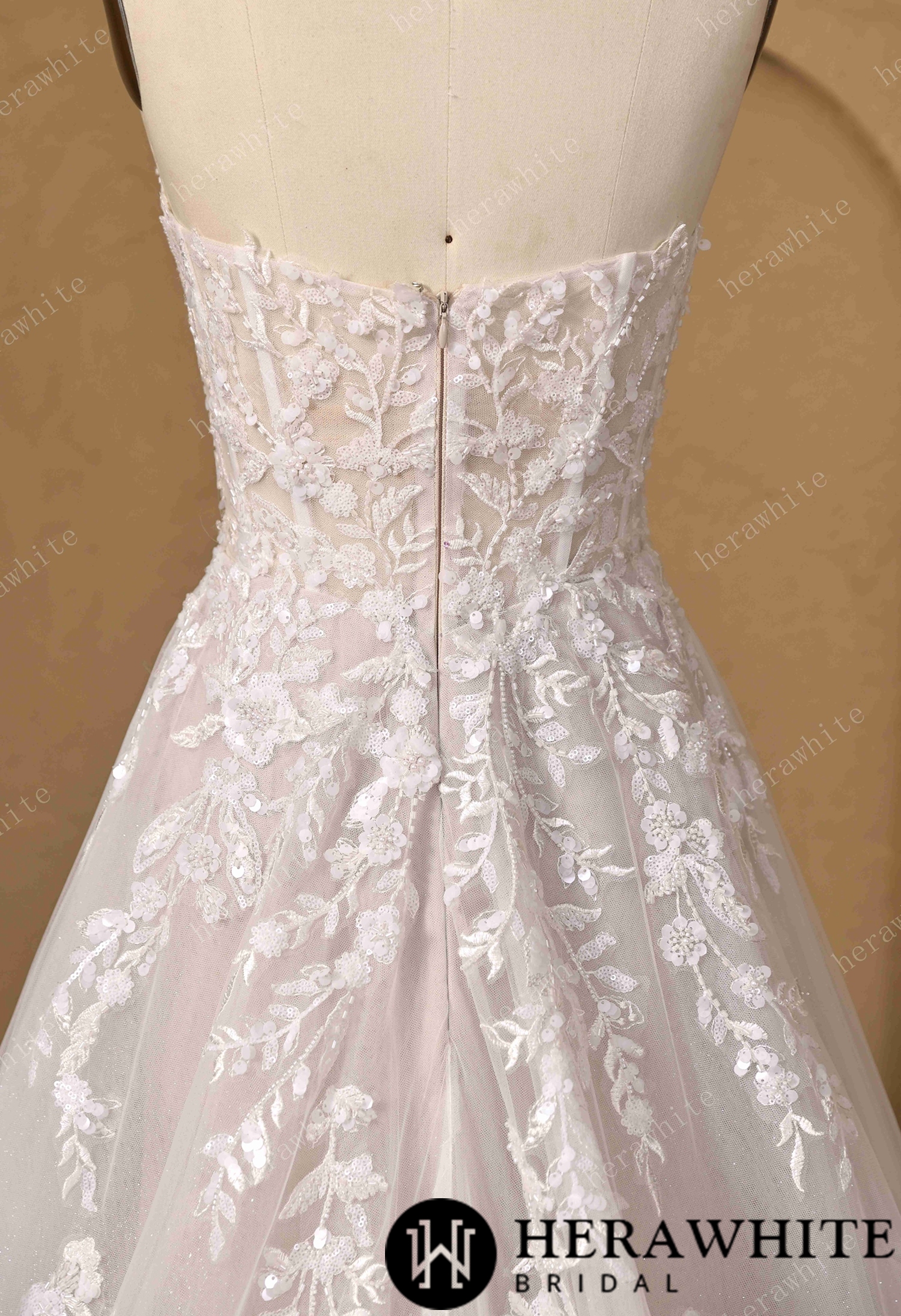 Floral Lace A-line Wedding Gown With Illusion Plunge Bodice & Strapless V-neck