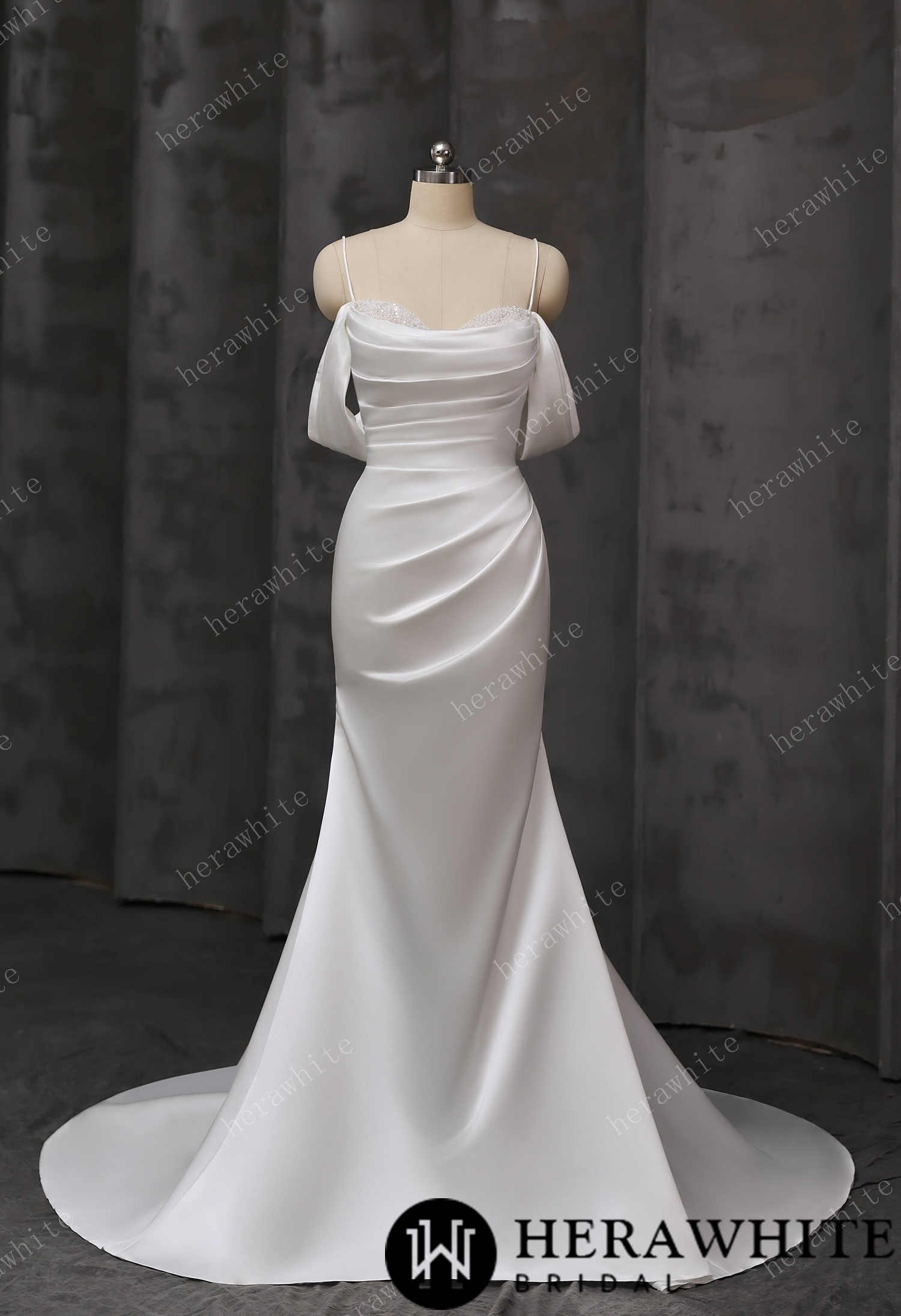 Draped Satin Fit-and-Flare Wedding Gown With Detachable Off-Shoulder Cape Sleeves & Beaded Neckline
