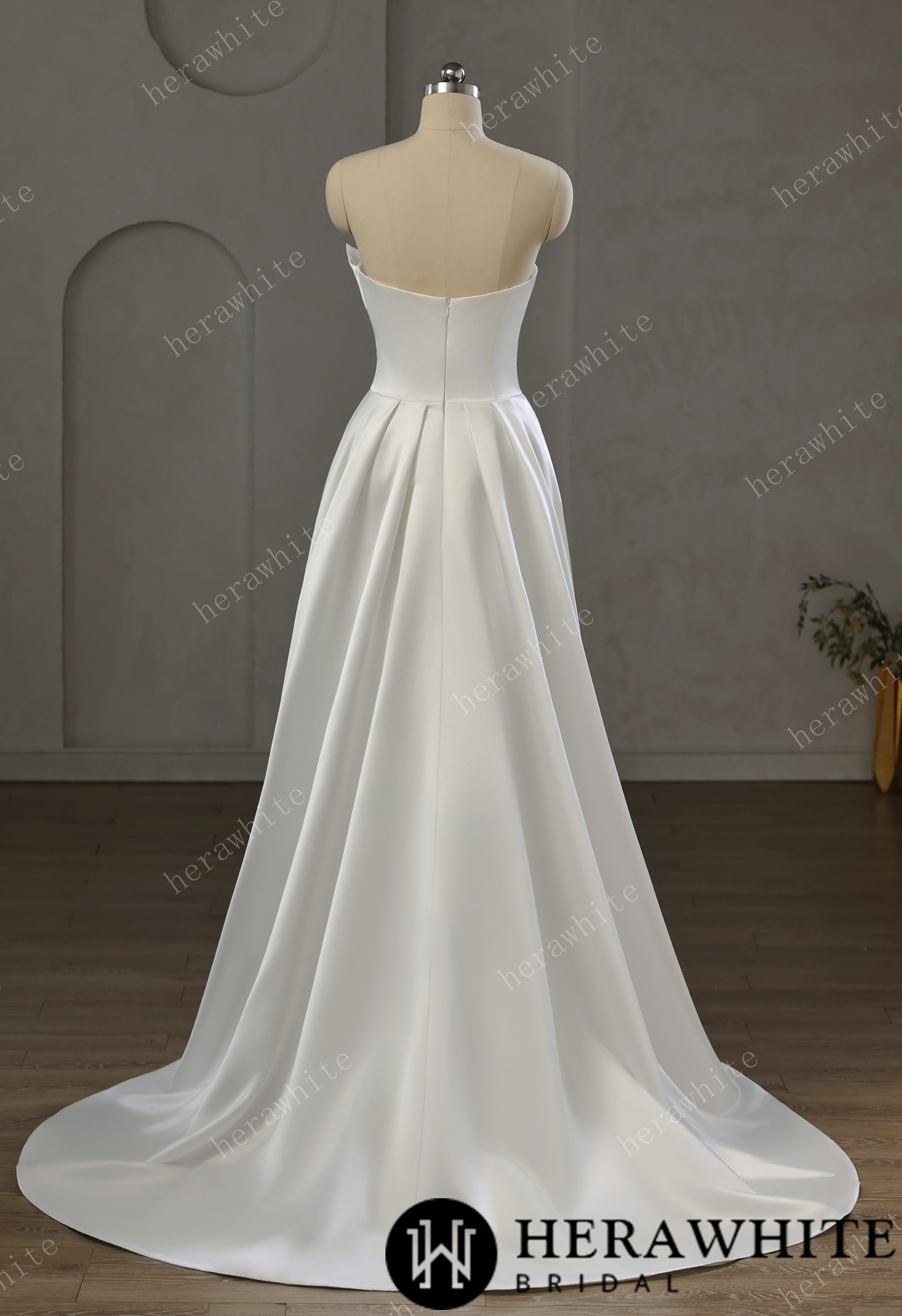 Strapless Draped Satin A-line Wedding Gown With Front Slit