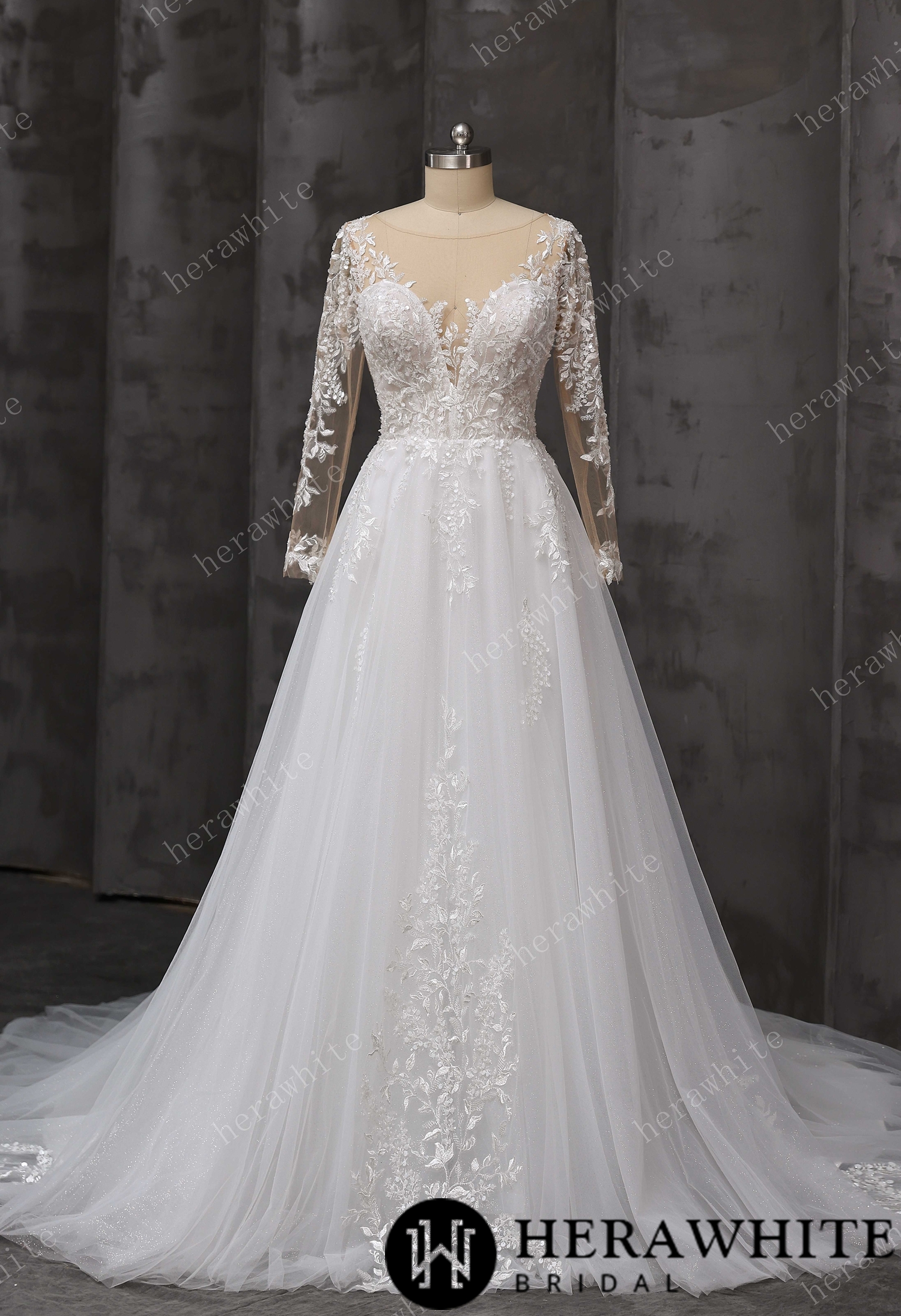V-Neck Lace A-Line Wedding Gown With Illusion Long Sleeves