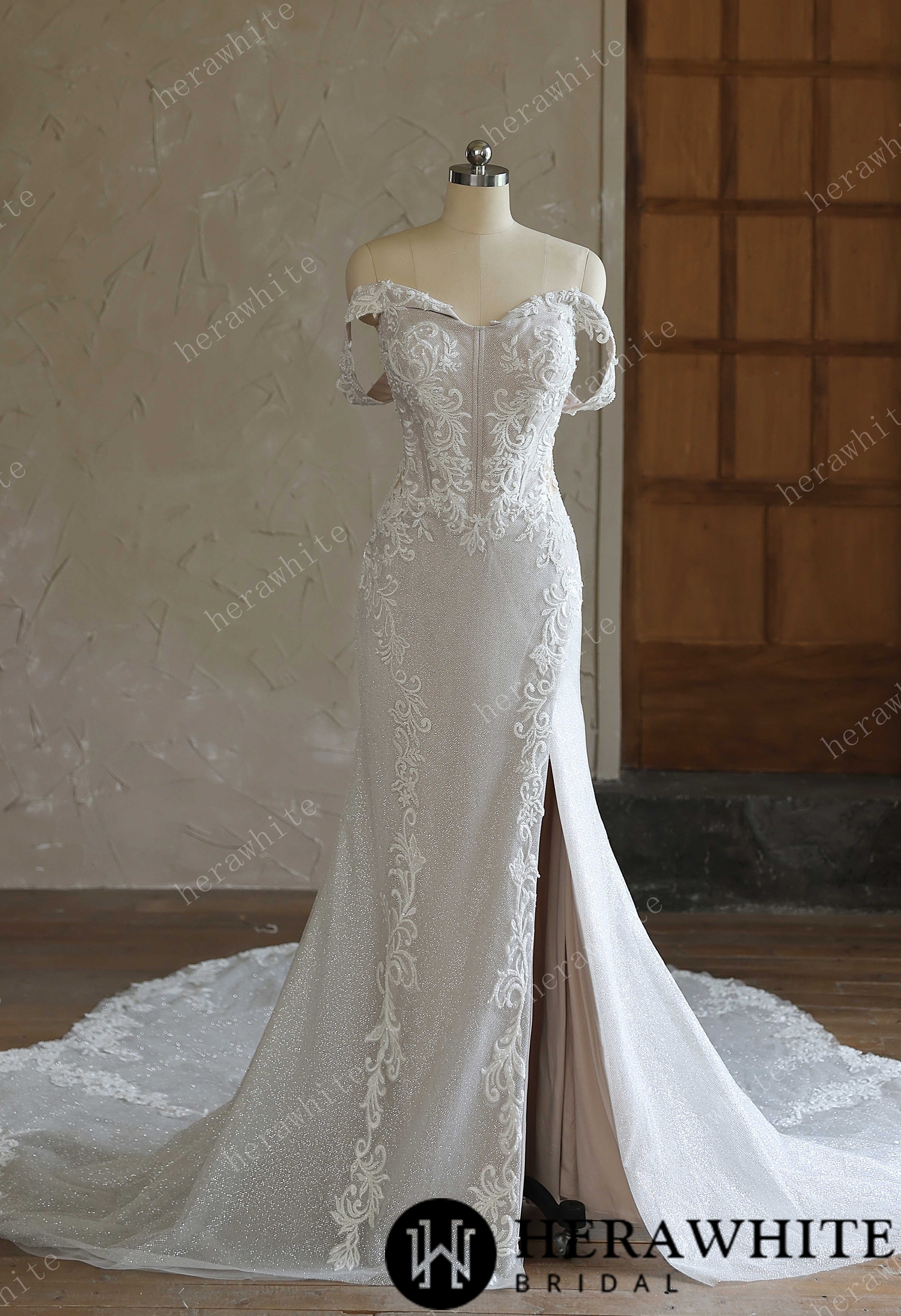 Off-the-Shoulder Sequin Lace Fit-and-Flare Wedding Gown With Lotus Train