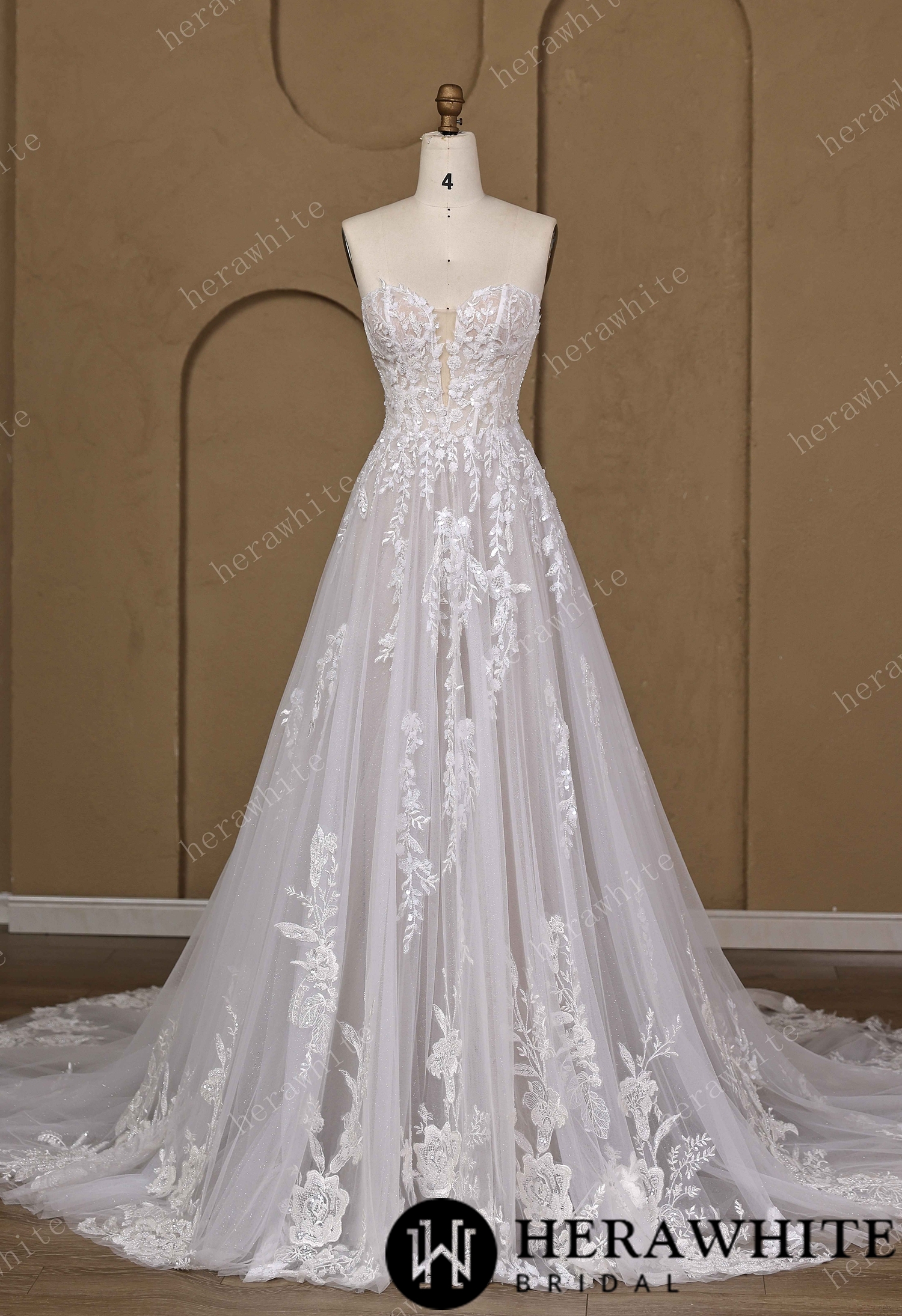 Floral Lace A-line Wedding Gown With Illusion Plunge Bodice & Strapless V-neck