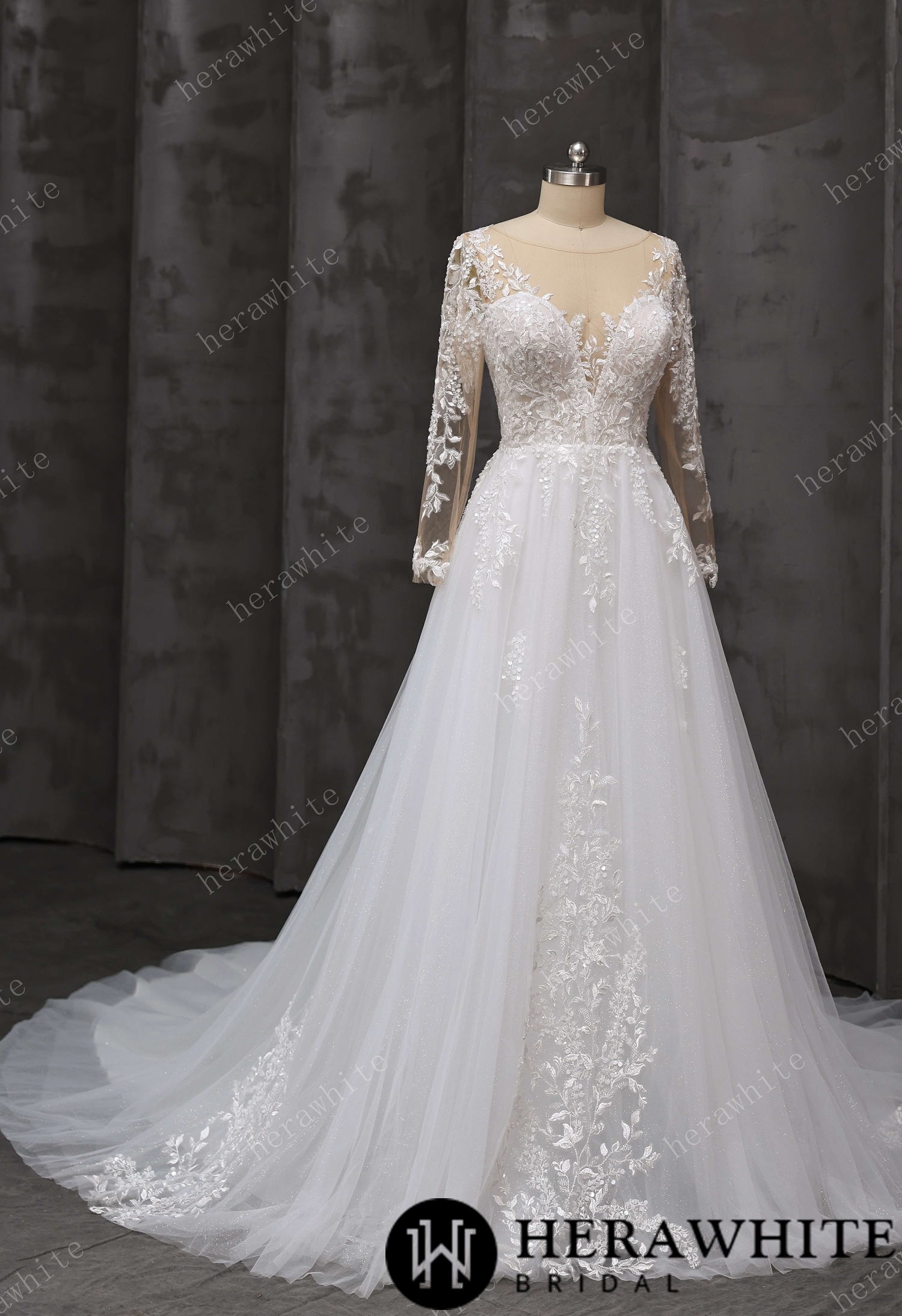 V-Neck Lace A-Line Wedding Gown With Illusion Long Sleeves