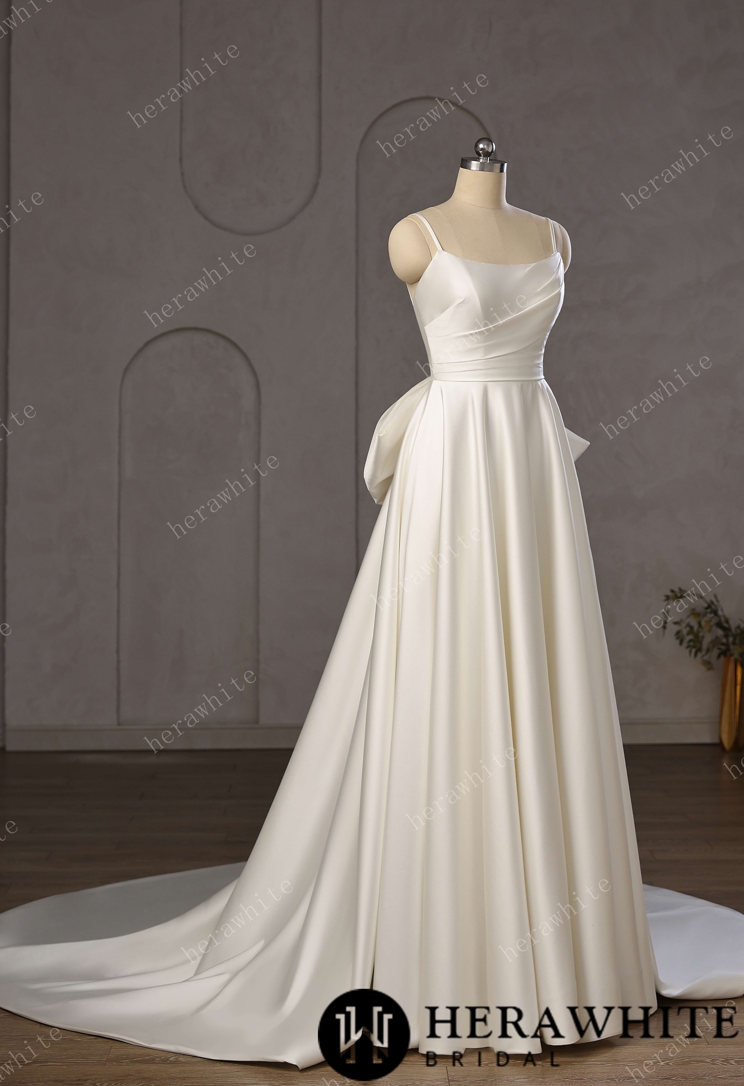 Minimalist Satin A-Line Wedding Gown With Oversized Back Bow & Spaghetti Straps