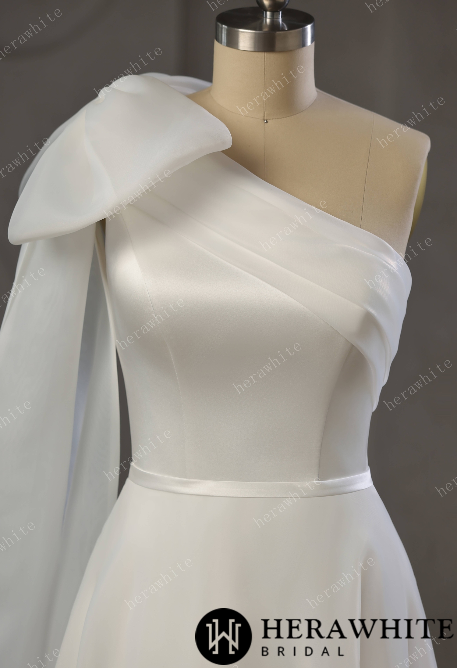 One-Shoulder Wrapped Satin Bodice Tulle A-line Wedding Gown With Shoulder Bow