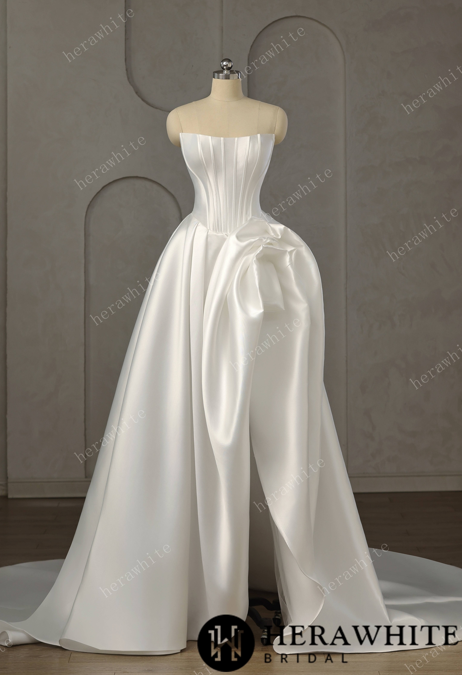 Pleated Satin Ball Gown With Dramatic Side Draped Ruffle Detail