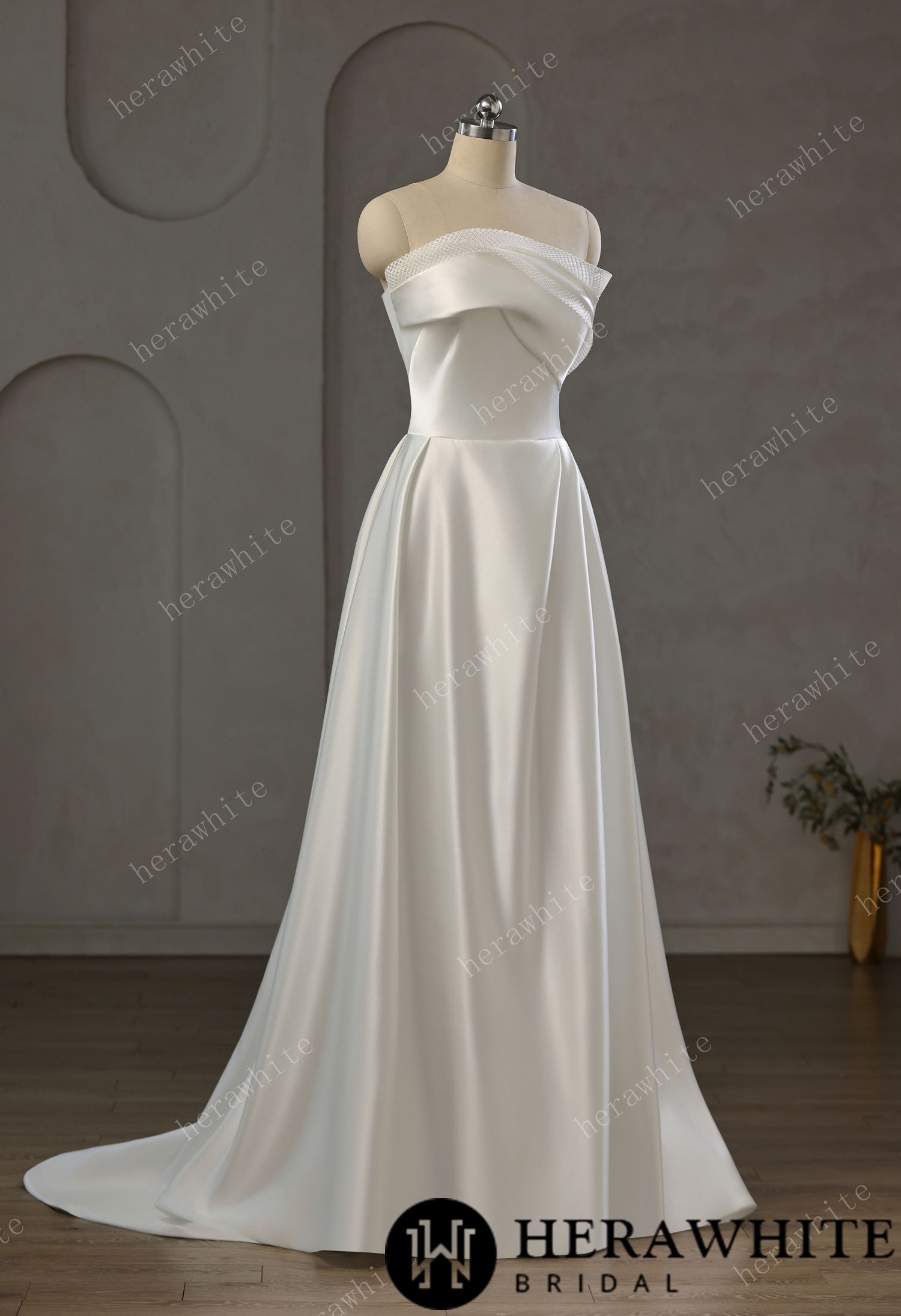 Strapless Draped Satin A-line Wedding Gown With Front Slit