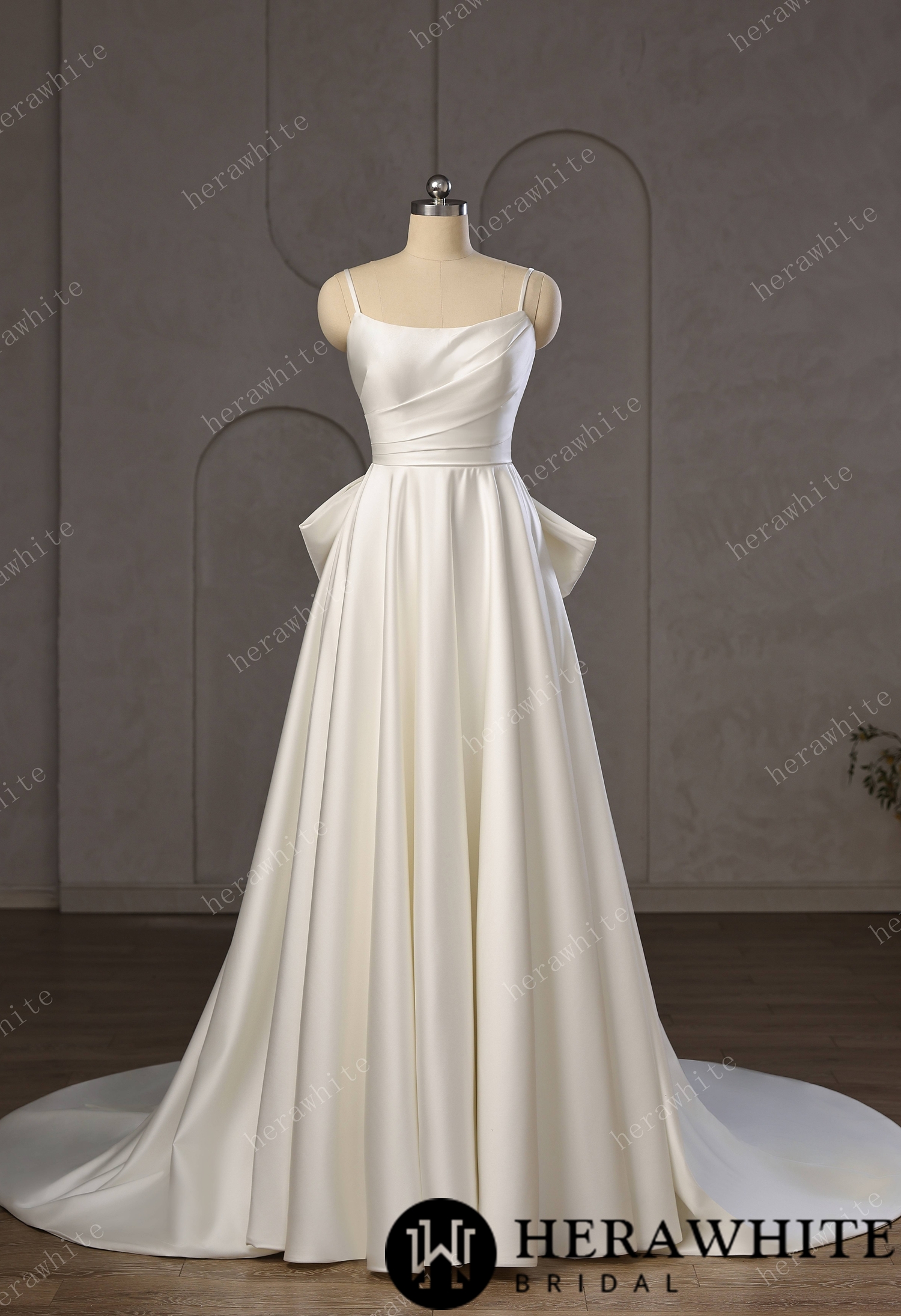 Minimalist Satin A-Line Wedding Gown With Oversized Back Bow & Spaghetti Straps