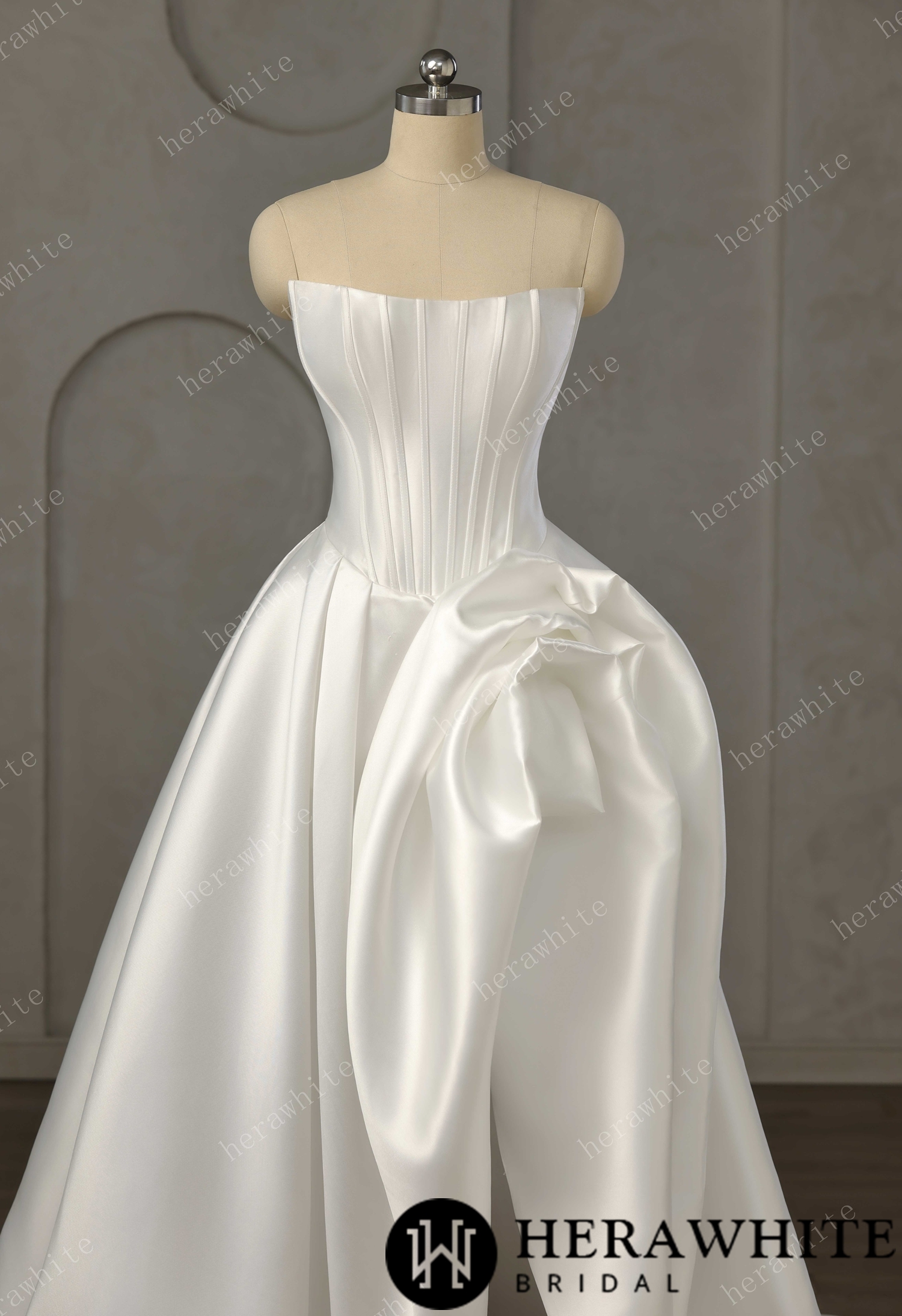 Pleated Satin Ball Gown With Dramatic Side Draped Ruffle Detail