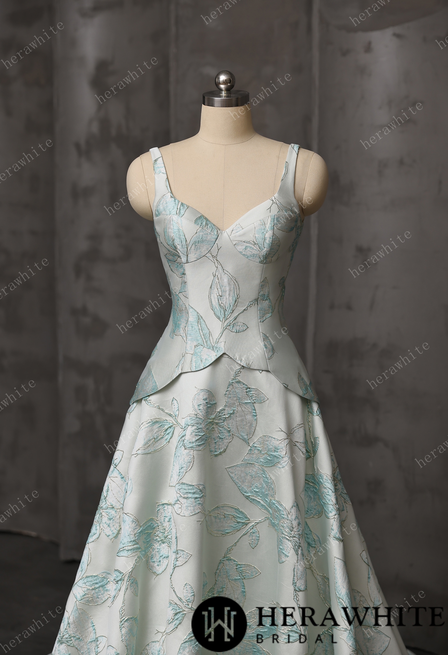 Mint Floral Jacquard A-Line Wedding Gown With V-Neckline & Peplum Waist Detail