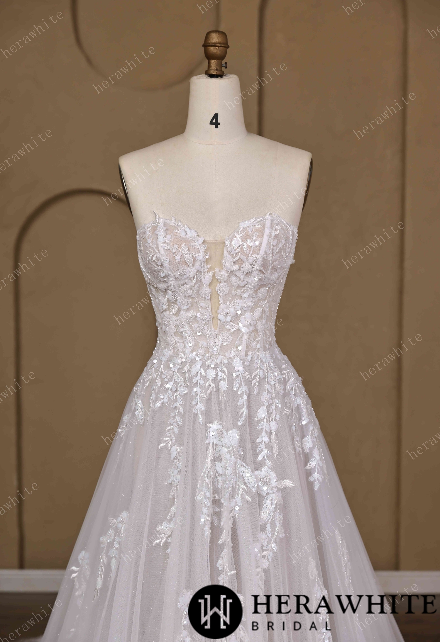 Floral Lace A-line Wedding Gown With Illusion Plunge Bodice & Strapless V-neck