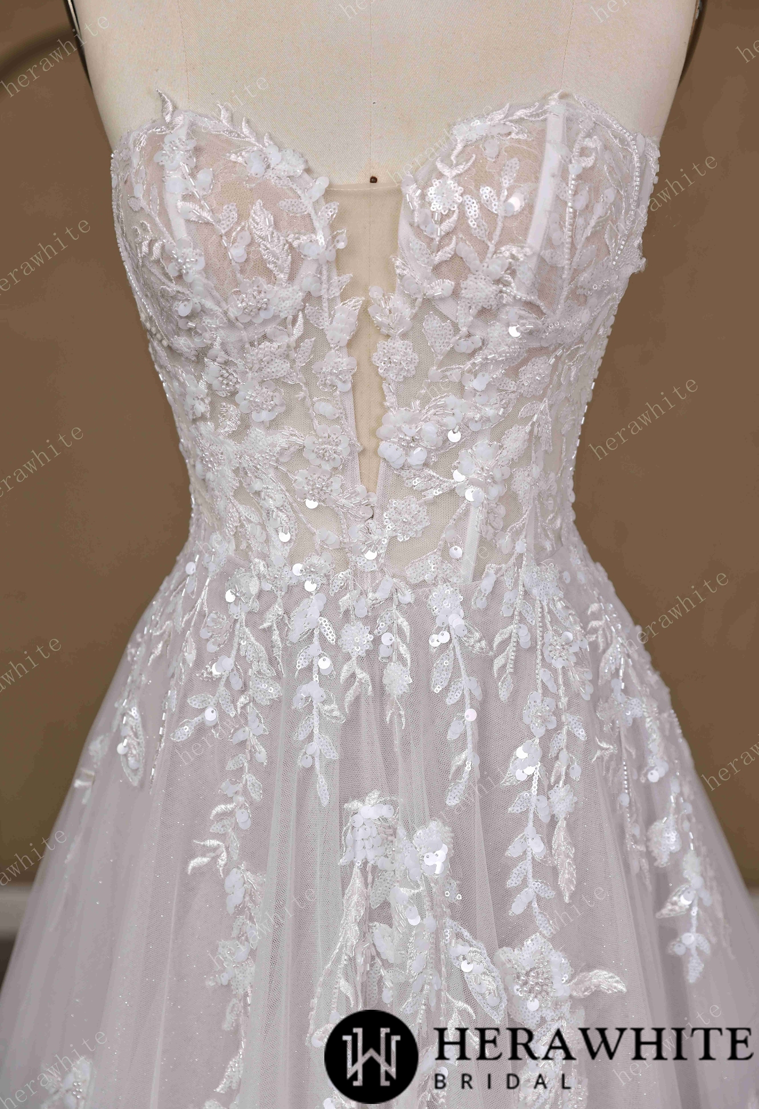 Floral Lace A-line Wedding Gown With Illusion Plunge Bodice & Strapless V-neck