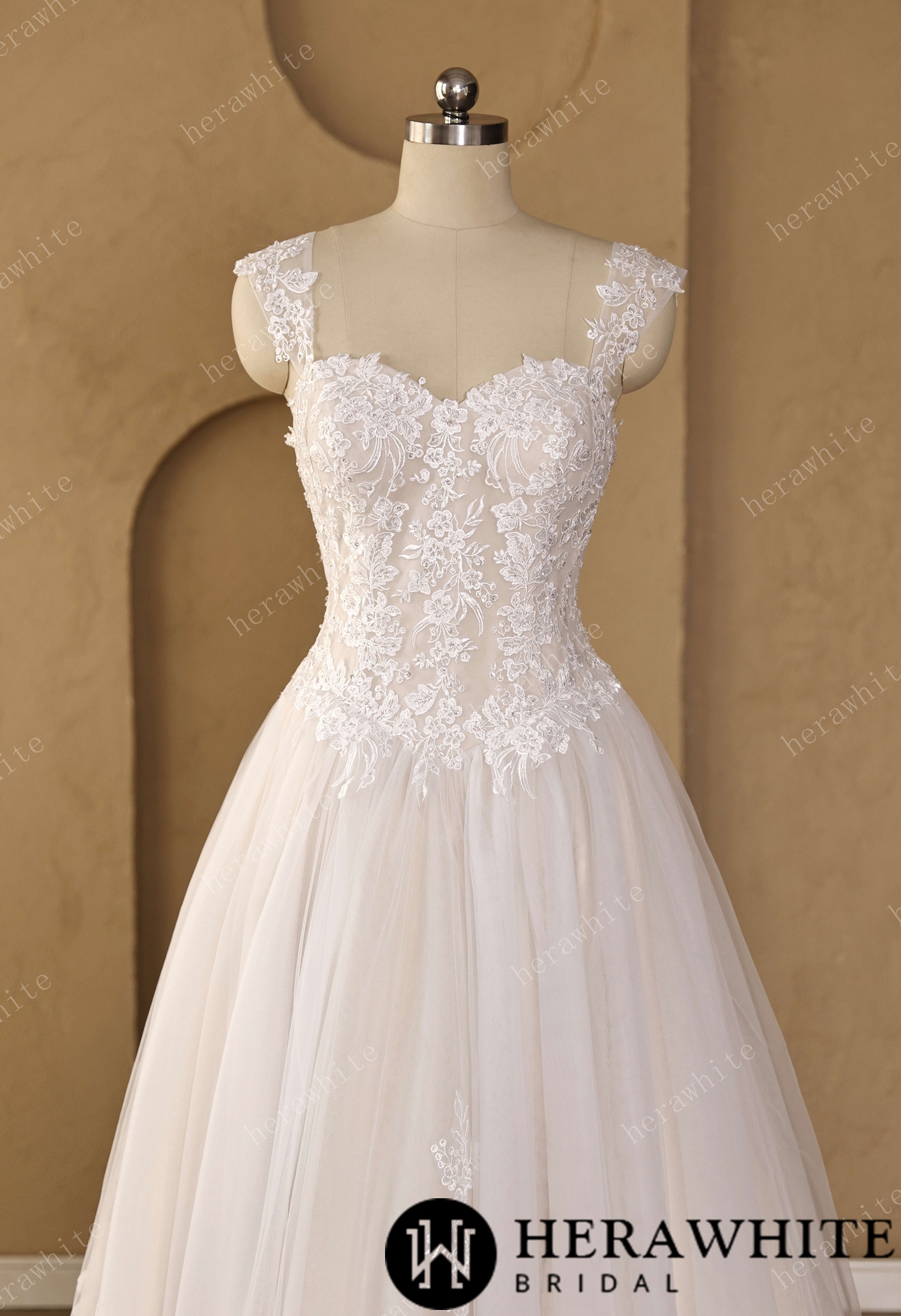 Sweetheart Floral Lace Ball Gown With Illusion Straps & Corset Back