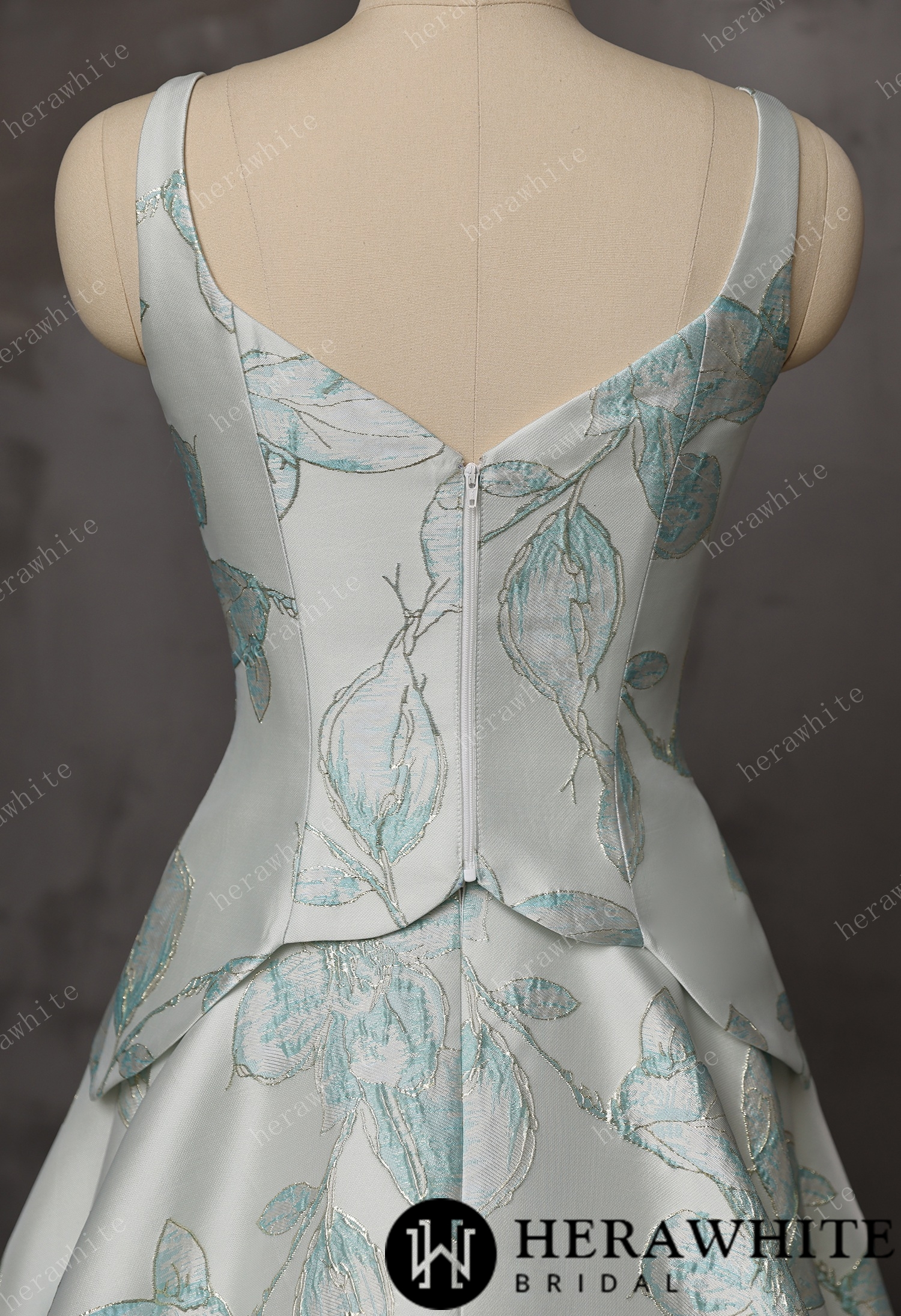 Mint Floral Jacquard A-Line Wedding Gown With V-Neckline & Peplum Waist Detail