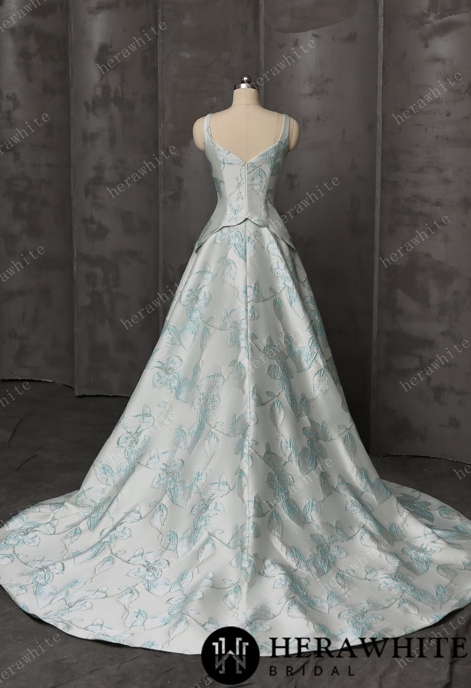 Mint Floral Jacquard A-Line Wedding Gown With V-Neckline & Peplum Waist Detail