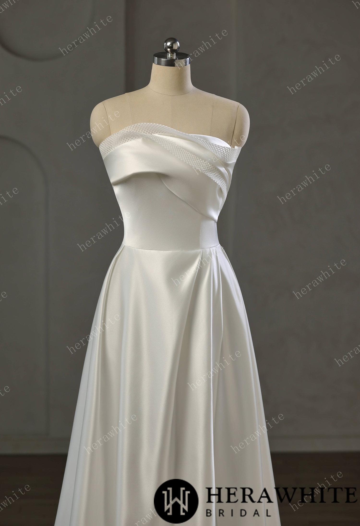 Strapless Draped Satin A-line Wedding Gown With Front Slit