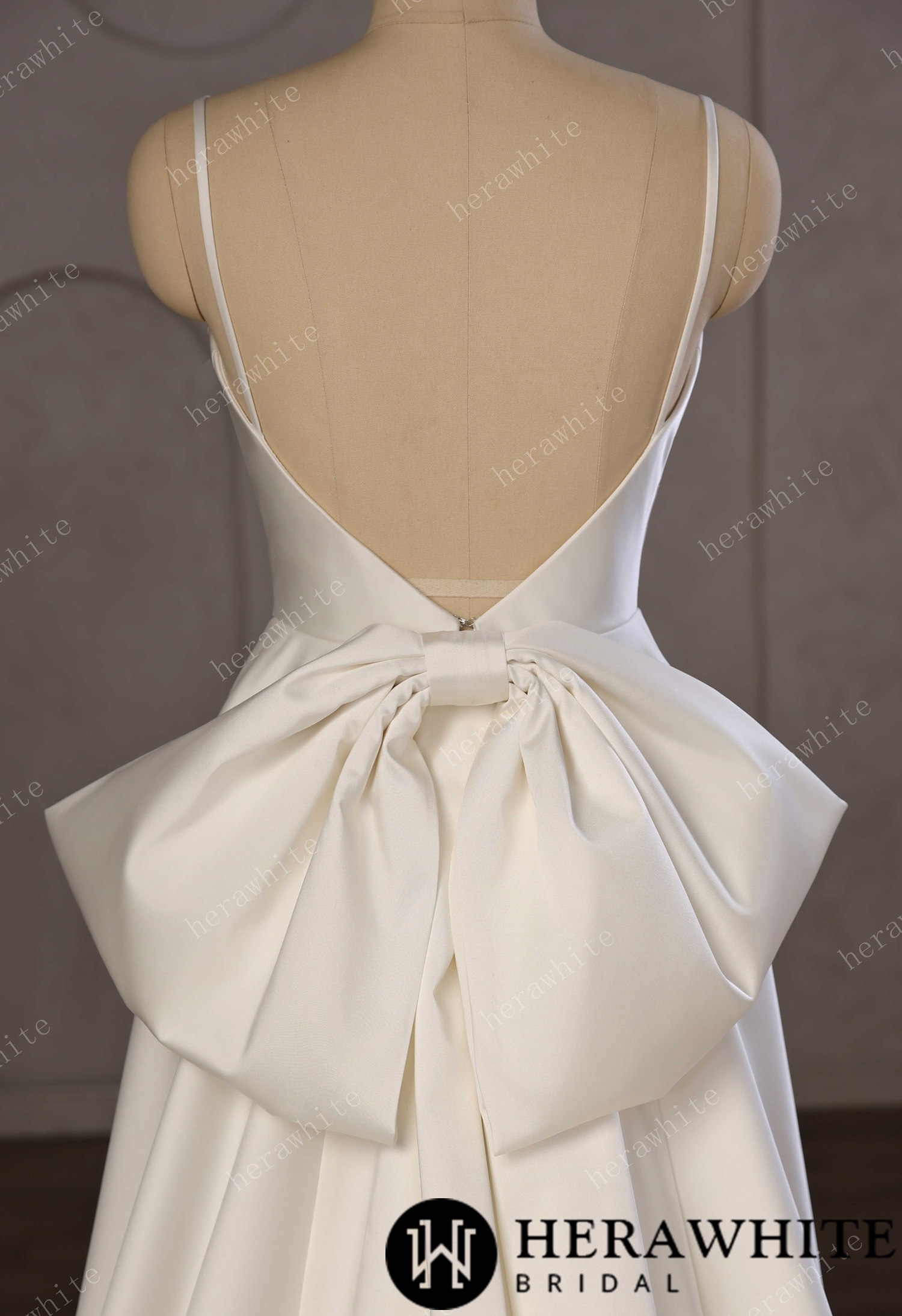 Minimalist Satin A-Line Wedding Gown With Oversized Back Bow & Spaghetti Straps