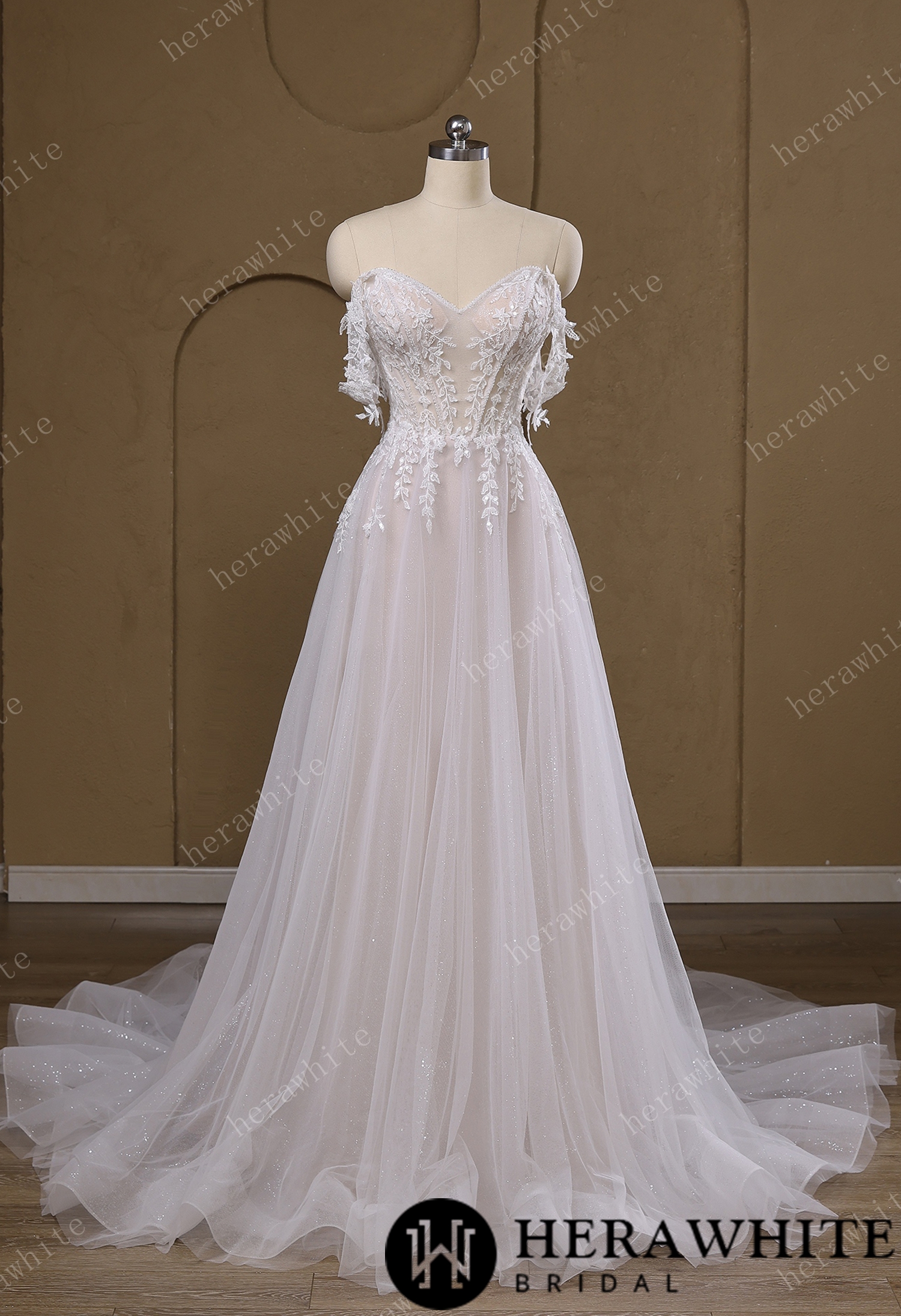 Lace A-Line Wedding Gown With Detachable Off-Shoulder Sleeves & Glitter Tulle Skirt
