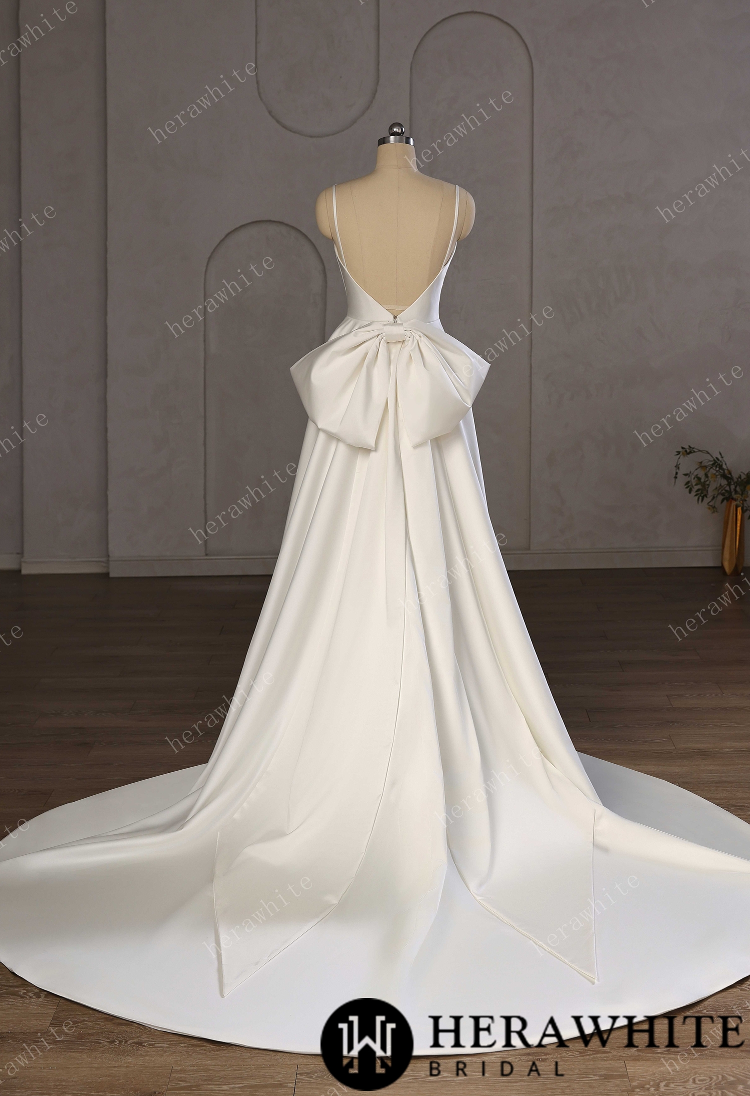 Minimalist Satin A-Line Wedding Gown With Oversized Back Bow & Spaghetti Straps