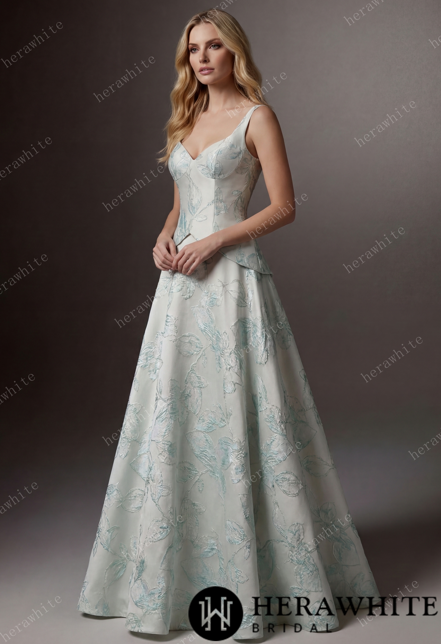 Mint Floral Jacquard A-Line Wedding Gown With V-Neckline & Peplum Waist Detail