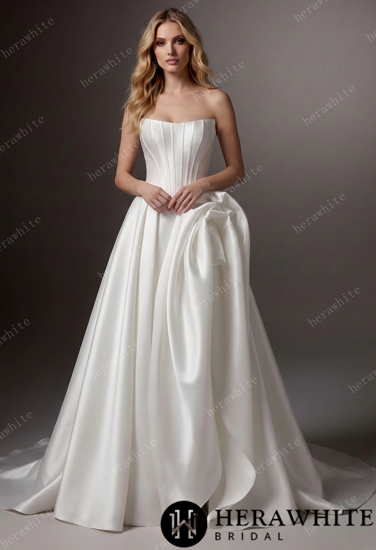 Pleated Satin Ball Gown With Dramatic Side Draped Ruffle Detail