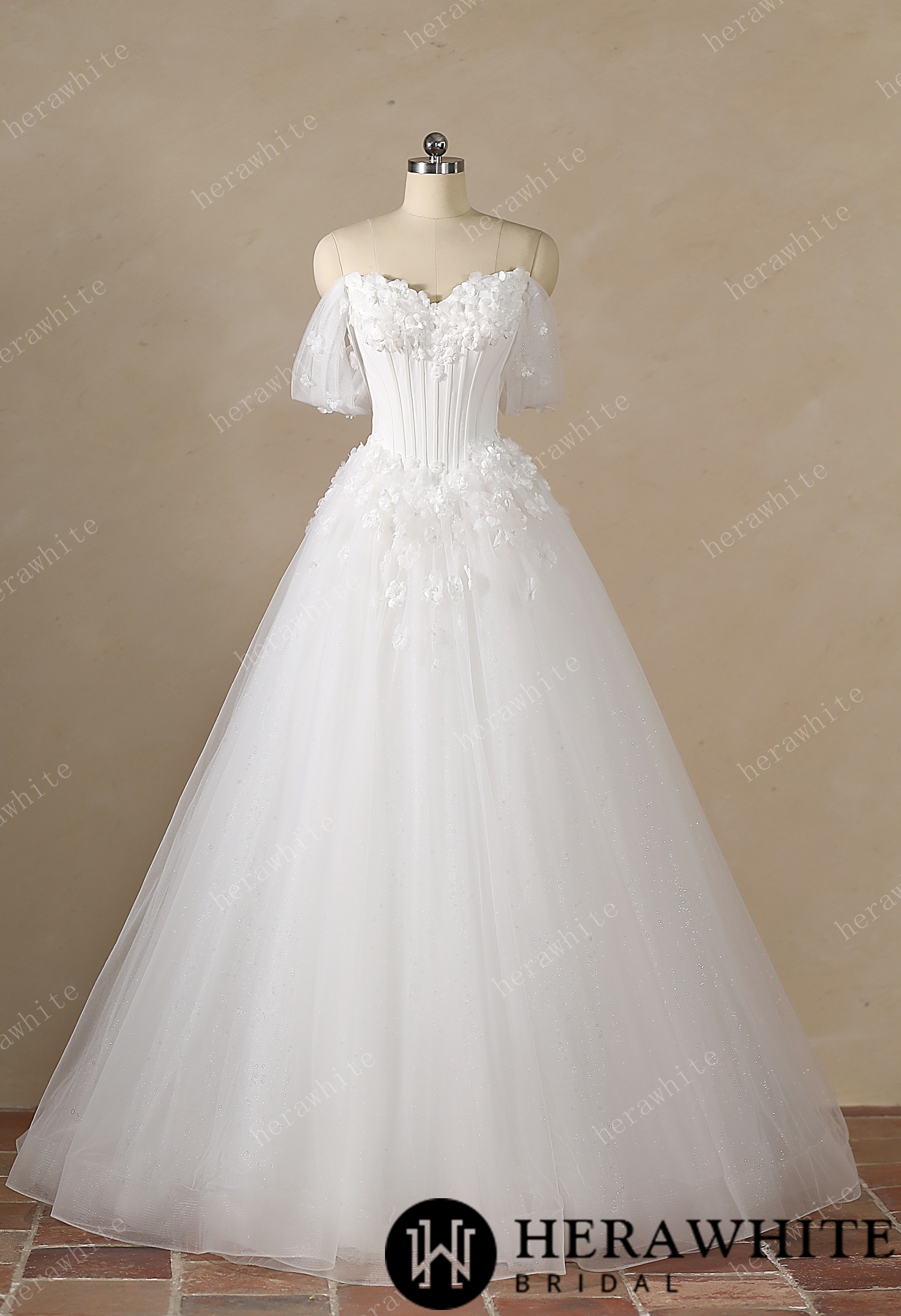 Off-the-Shoulder Sweetheart Corset Ball Gown with Flower Skirt
