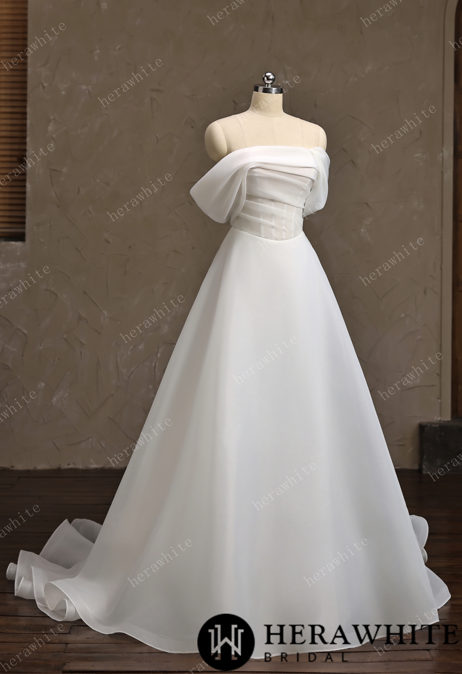 Off-the-Shoulder Draped Organza  A-Line Wedding Gown