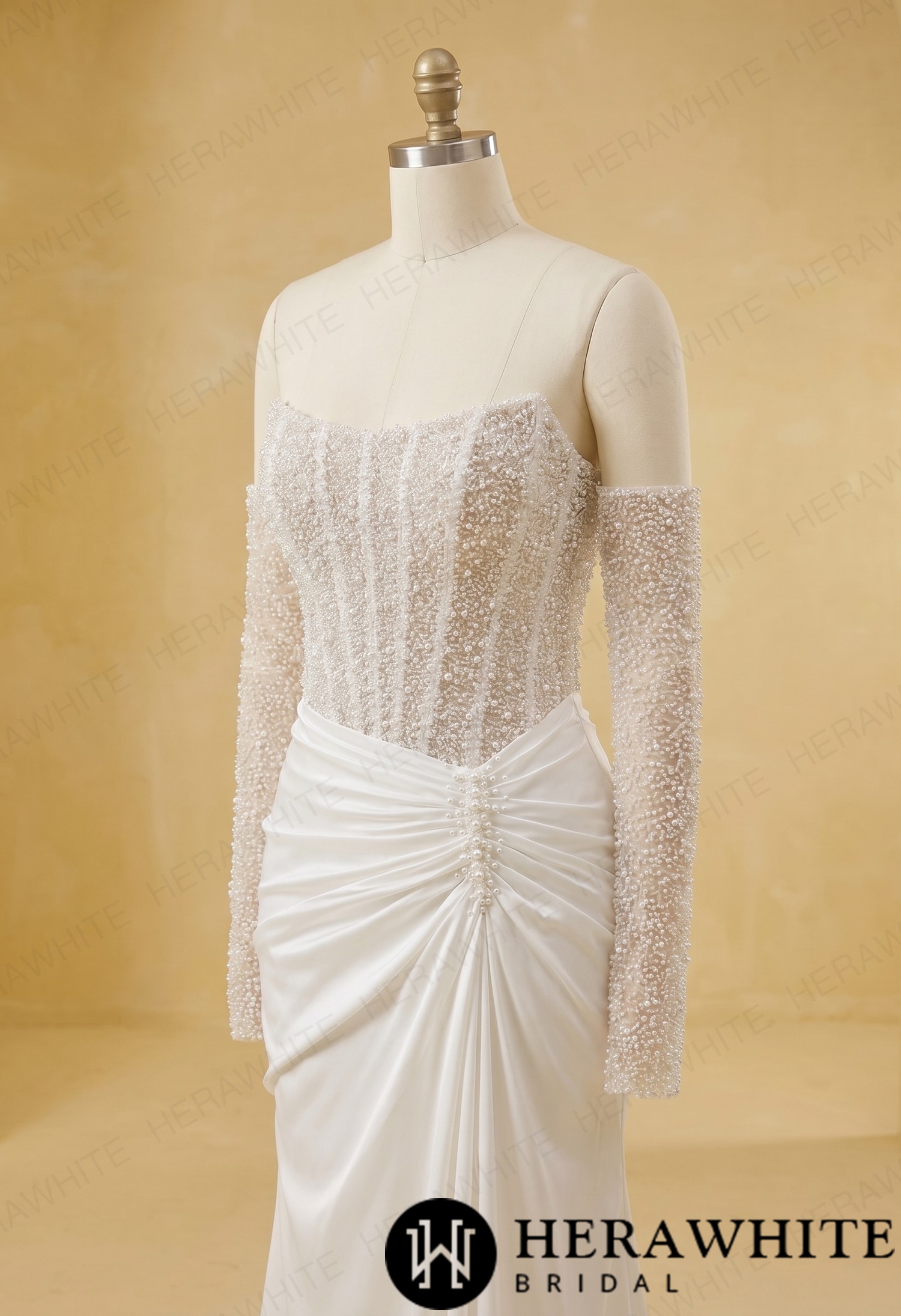 Strapless Beaded Corset Mermaid Wedding Gown with Detachable Long Sleeves