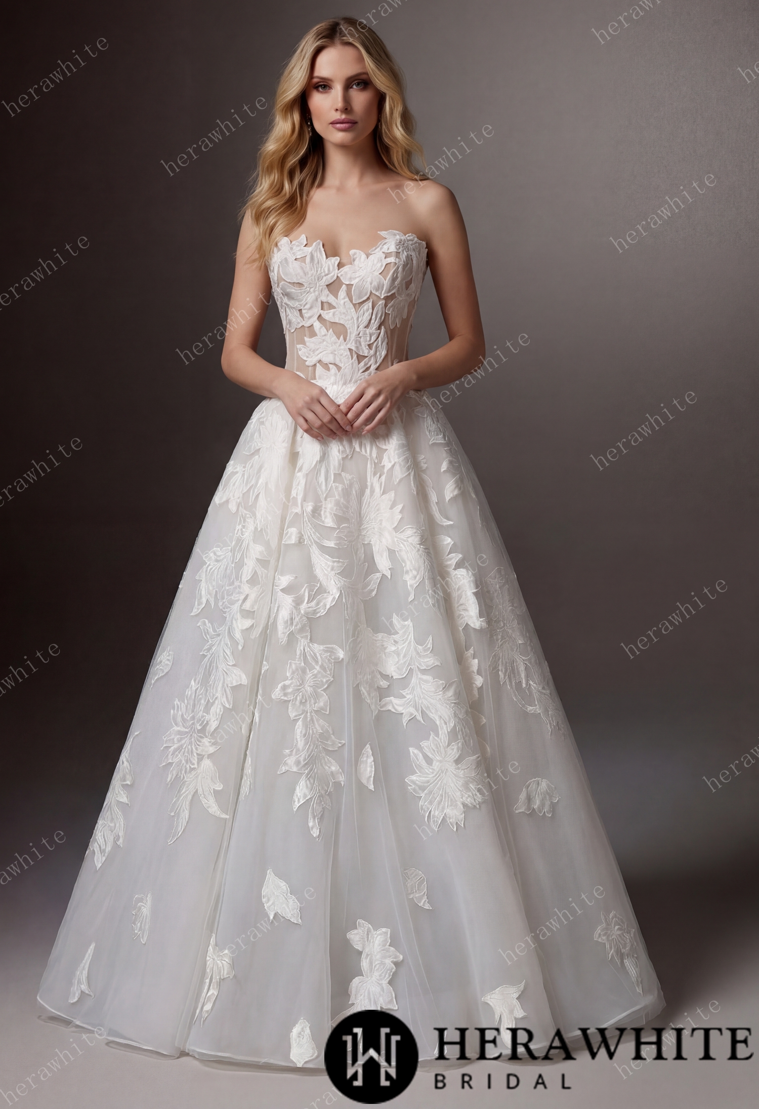  Floral Ball Gown With Illusion Sweetheart Bodice & Sculptural Flower Skirt