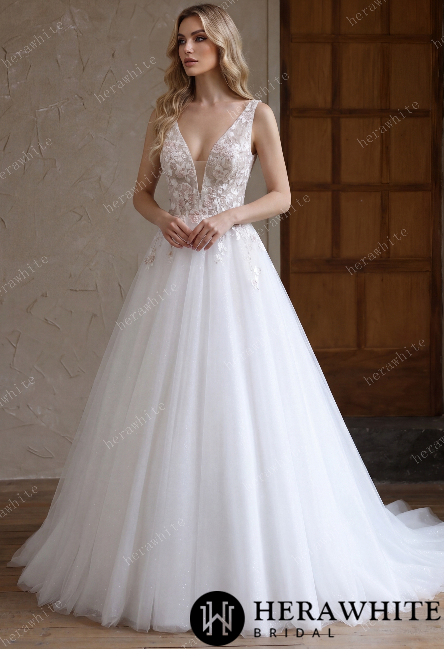 Colourful Lace Ball Gown With Plunging V-Neckline & Straps