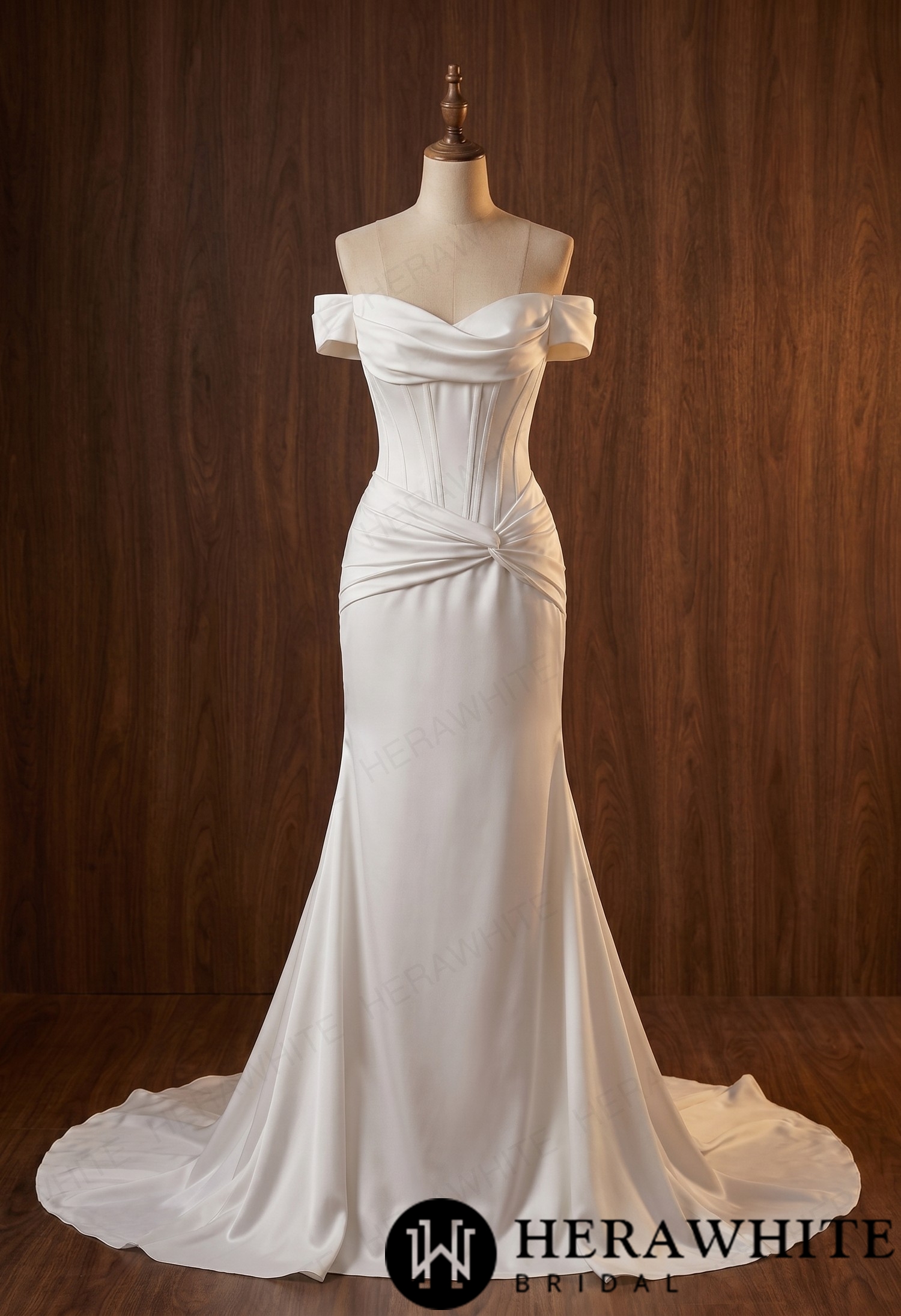 Off-the-Shoulder Satin Corset Mermaid Wedding Gown with Twisted Waist Detail