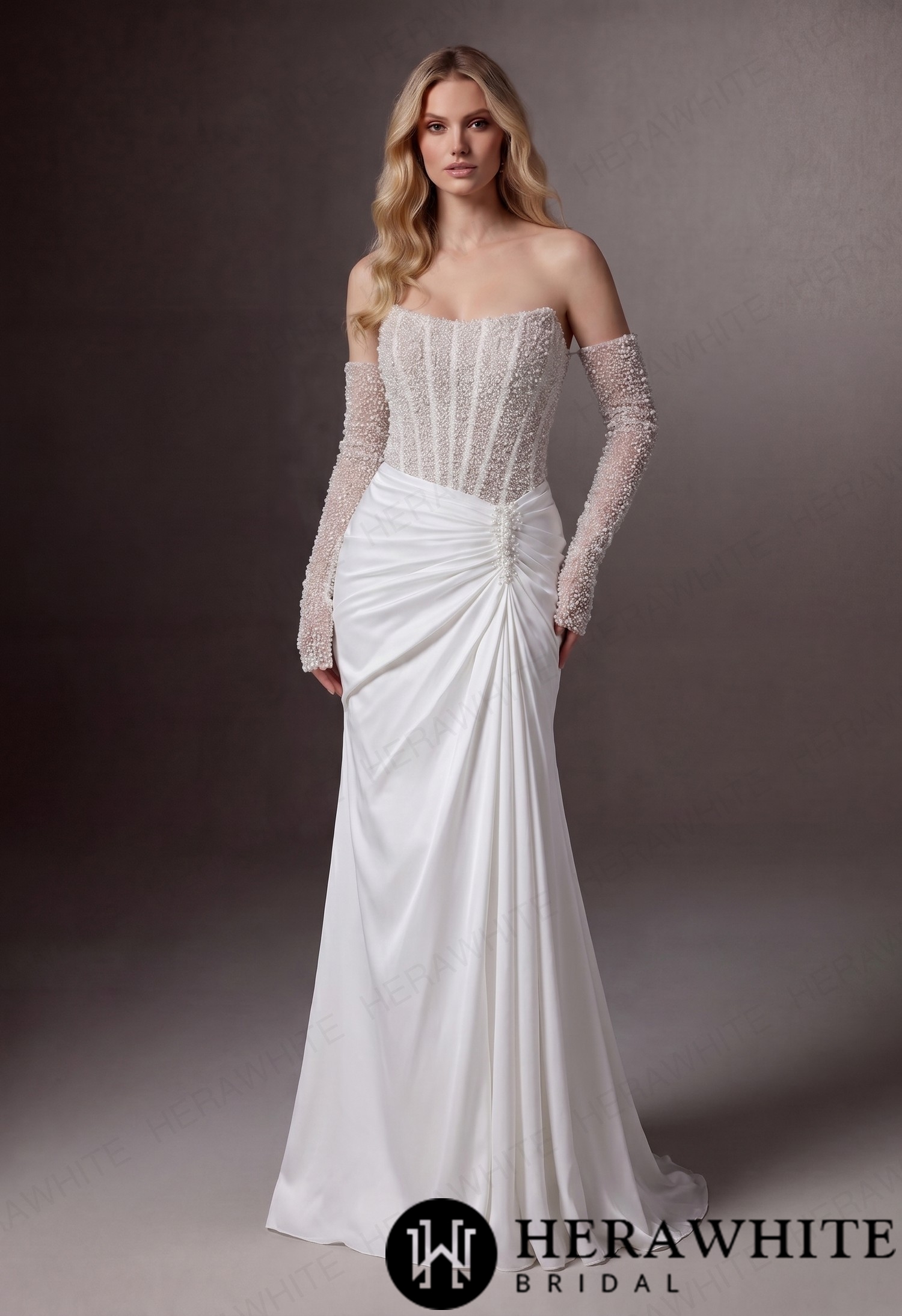 Strapless Beaded Corset Mermaid Wedding Gown with Detachable Long Sleeves