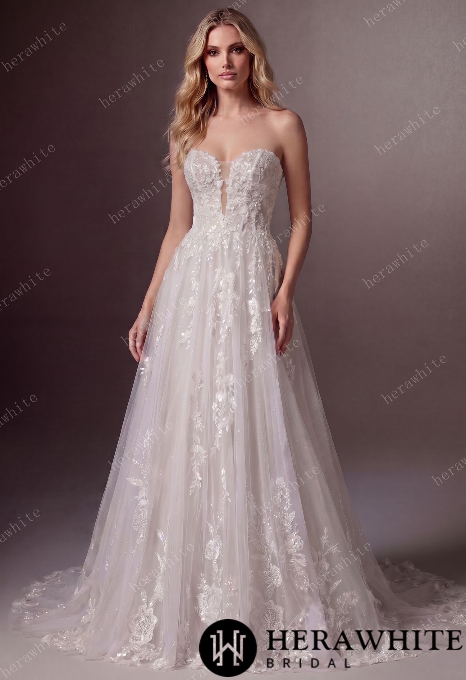 Floral Lace A-line Wedding Gown With Illusion Plunge Bodice & Strapless V-neck