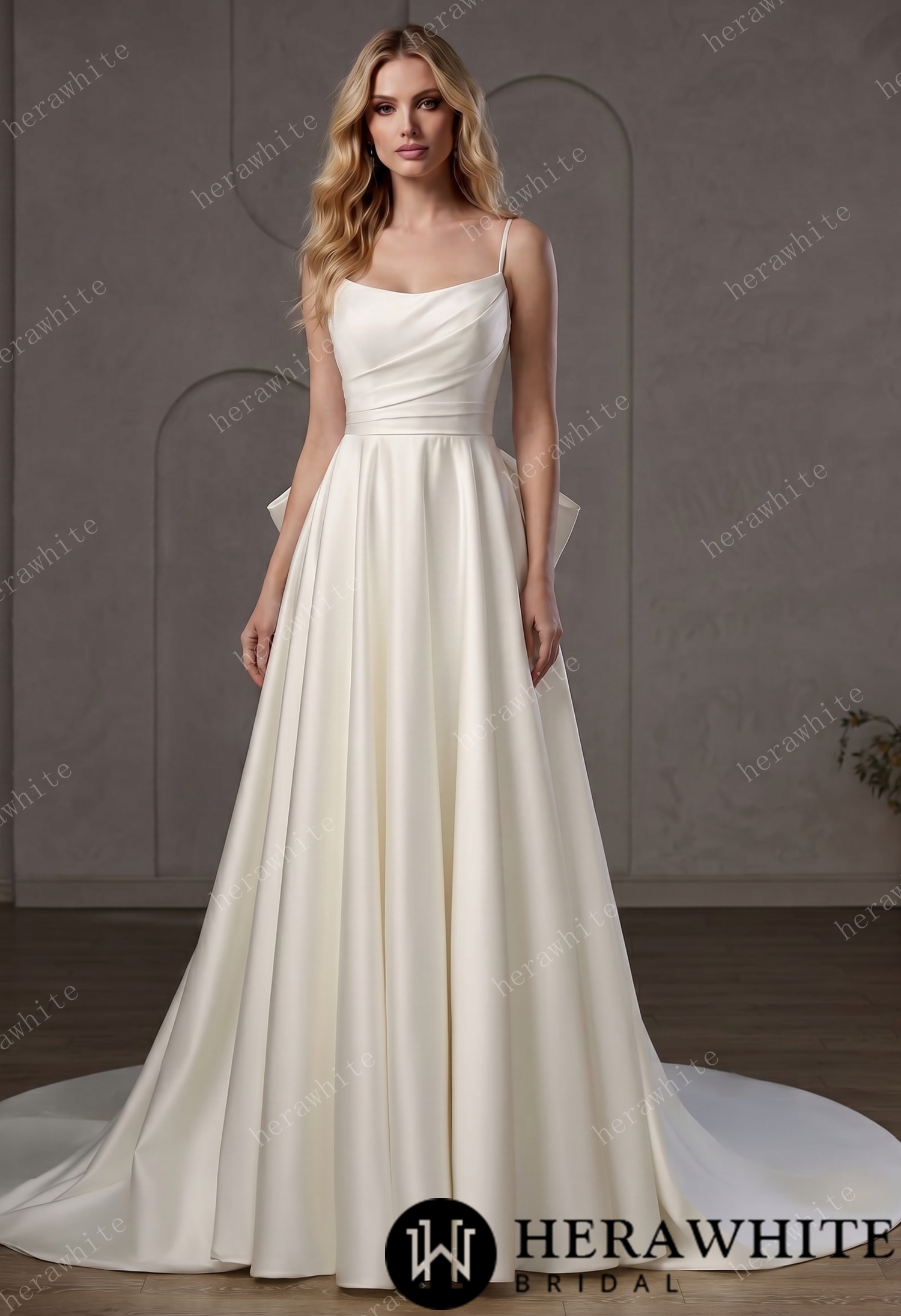 Minimalist Satin A-Line Wedding Gown With Oversized Back Bow & Spaghetti Straps