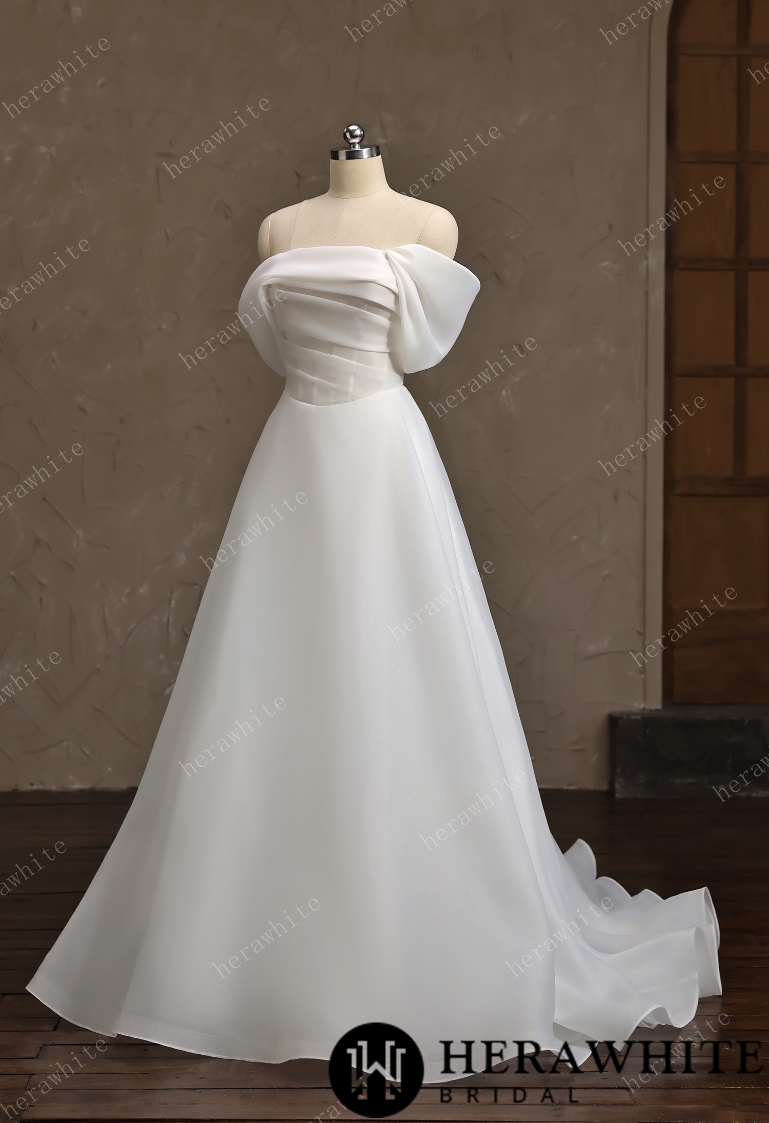 Off-the-Shoulder Draped Organza  A-Line Wedding Gown