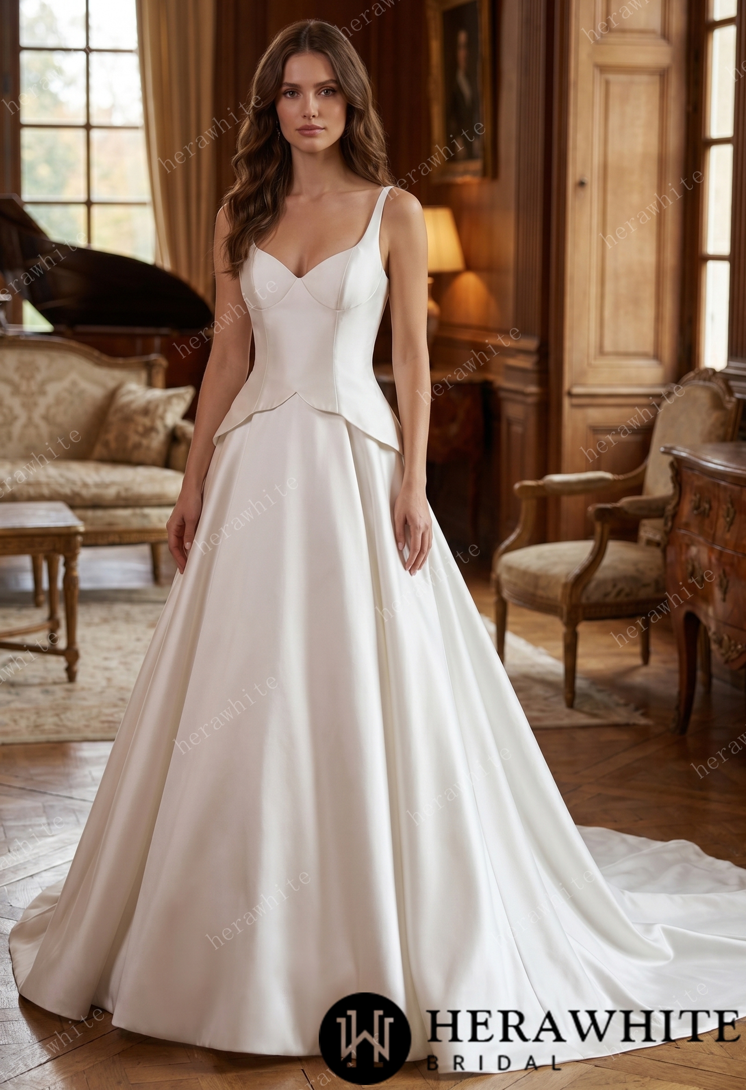 Mint Floral Jacquard A-Line Wedding Gown With V-Neckline & Peplum Waist Detail